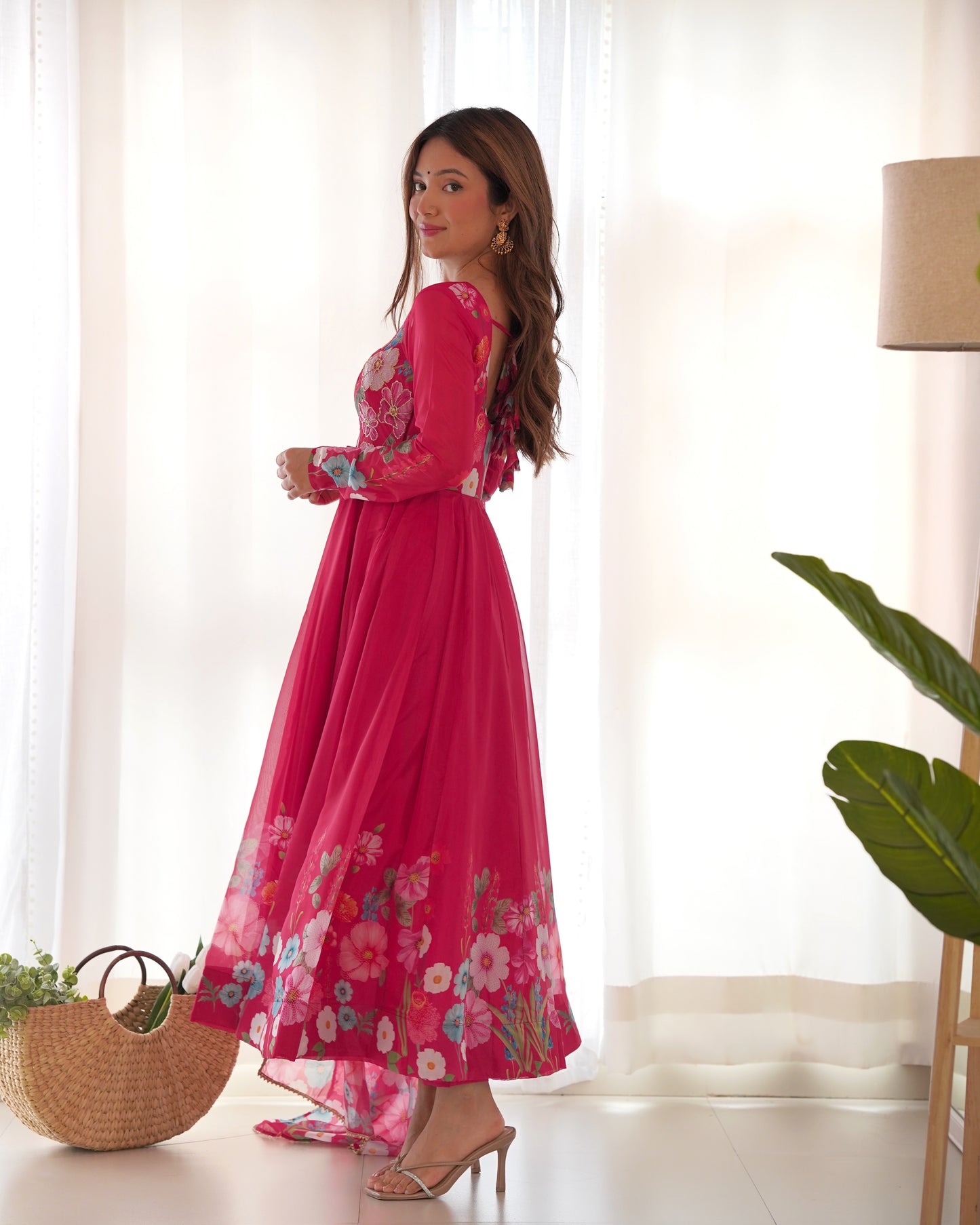 RANI PINK COLOR FLORAL PRINT ORGANZA ANARKALI SUIT SET OF 3