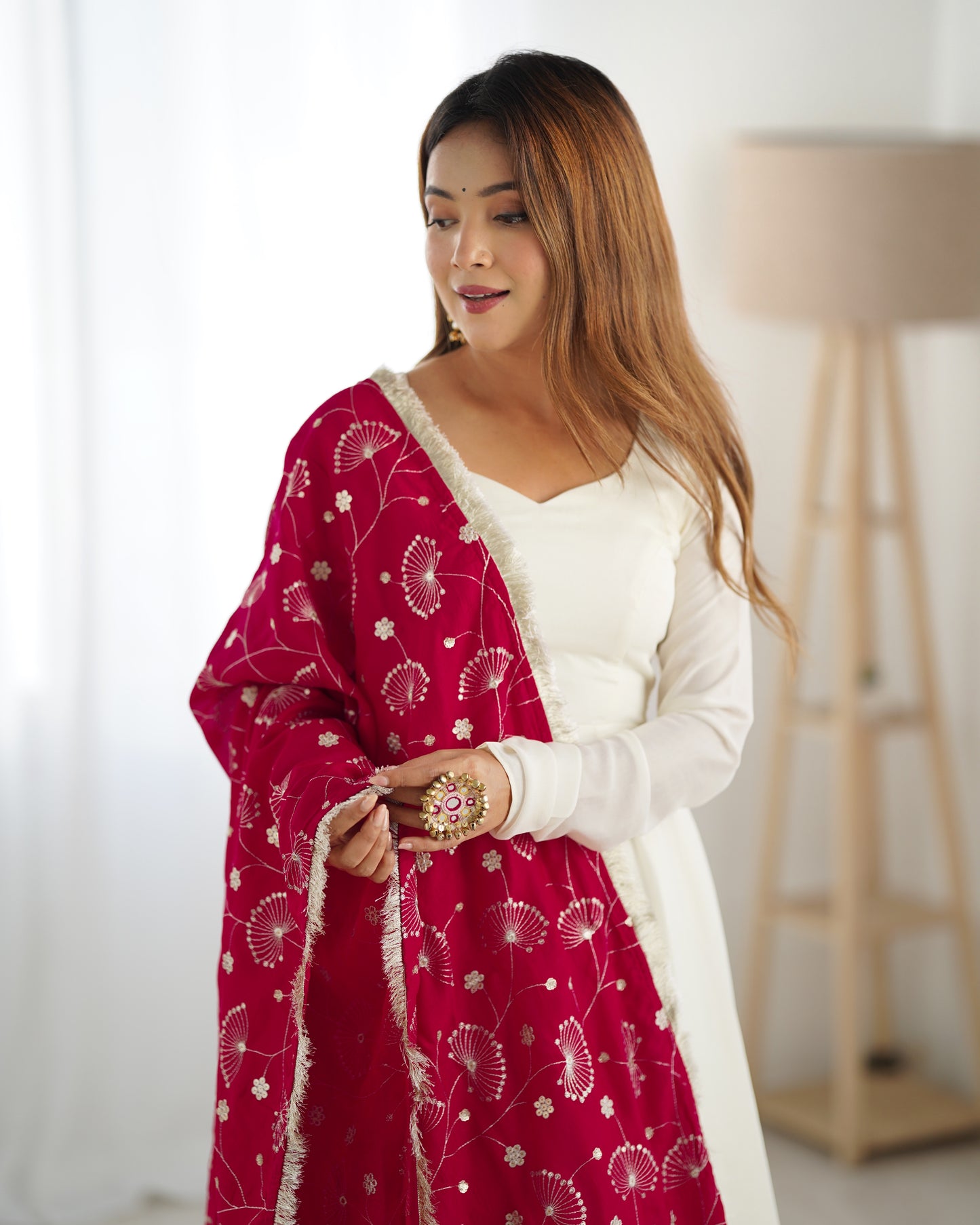 WHITE COLOR SOFT VICHITRA SILK ANARKALI WITH RANI PINK DUPATTA