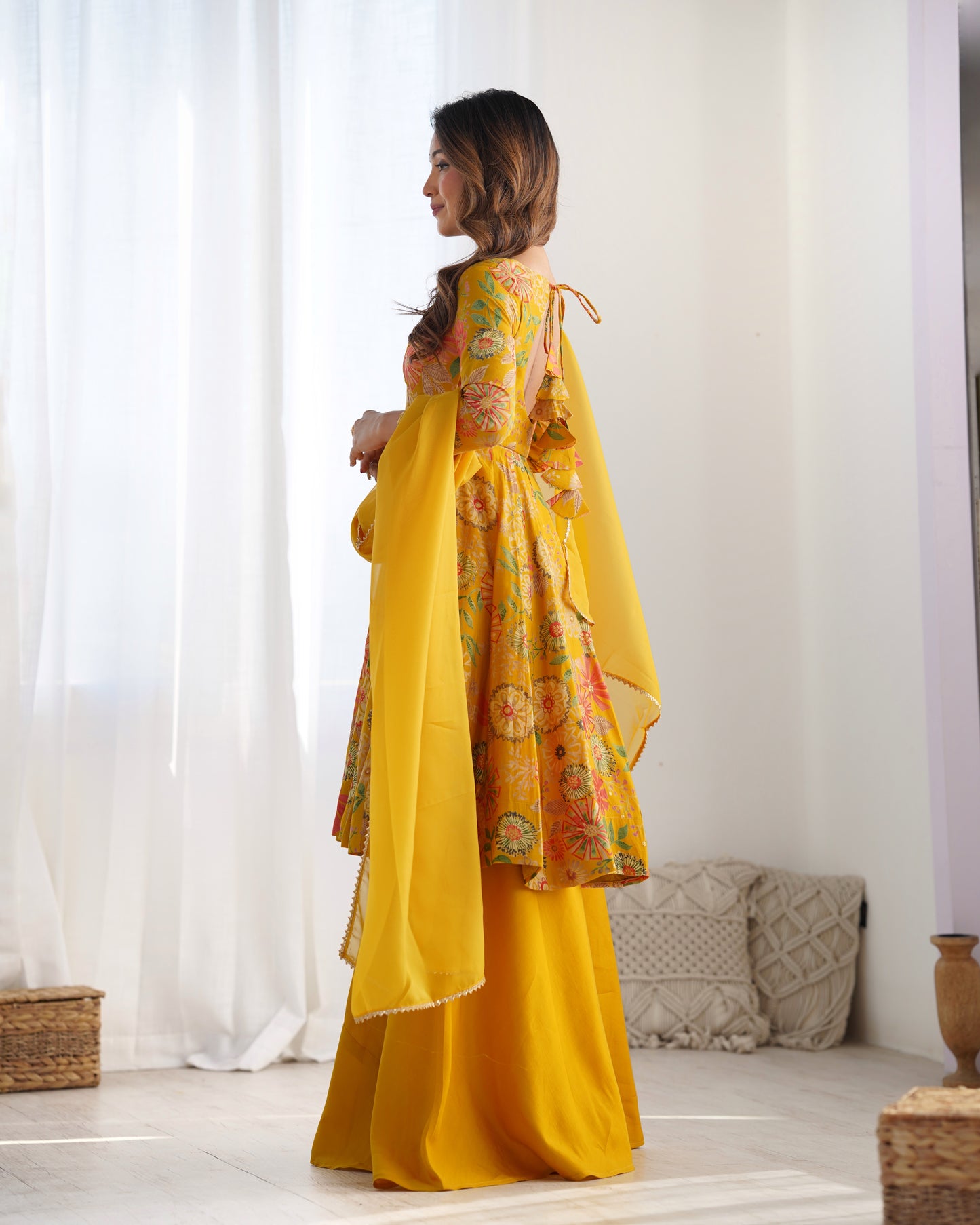 YELLOW COLOR ROMAN SILK BASE PRINTED PLAZZO SUIT SET OF 3