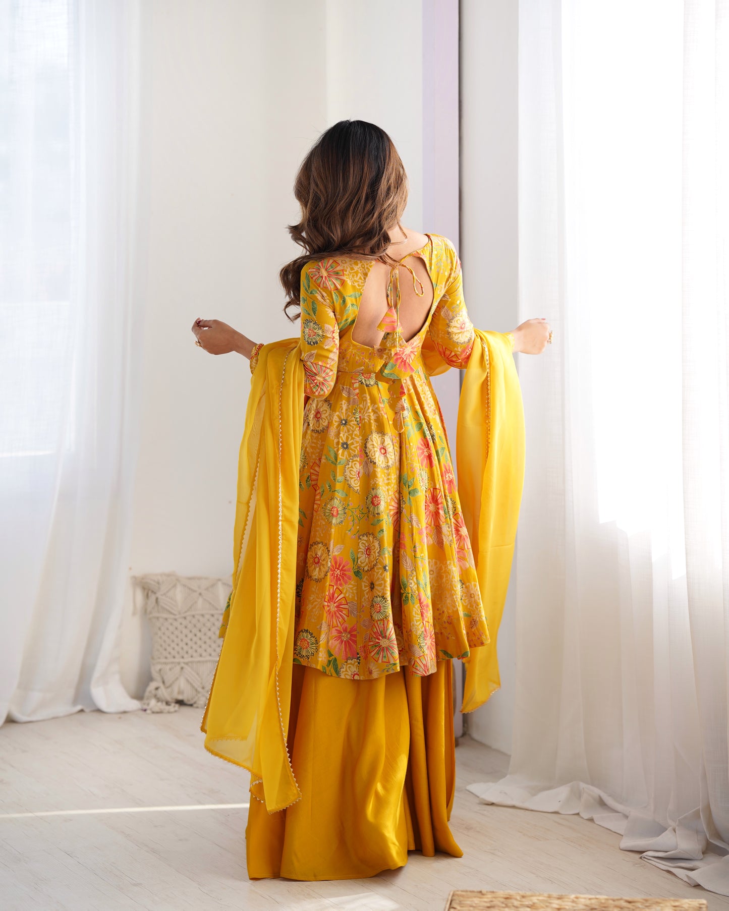 YELLOW COLOR ROMAN SILK BASE PRINTED PLAZZO SUIT SET OF 3