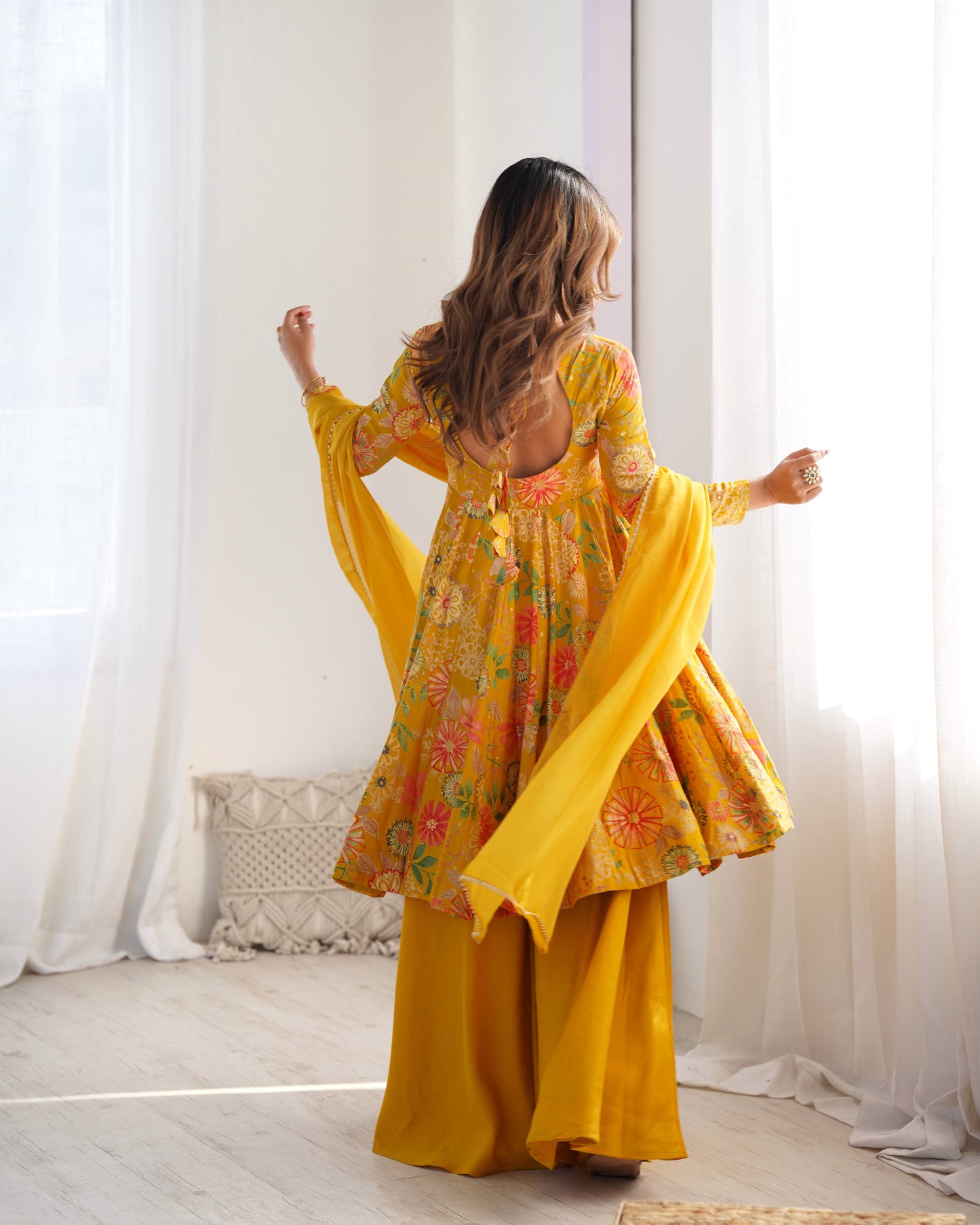 YELLOW COLOR ROMAN SILK BASE PRINTED PLAZZO SUIT SET OF 3