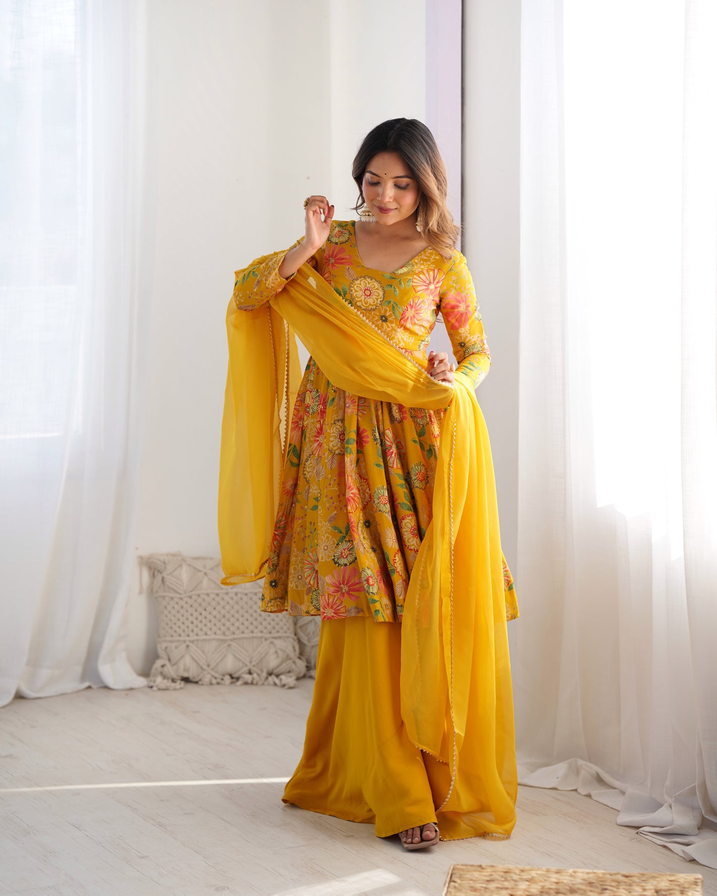 YELLOW COLOR ROMAN SILK BASE PRINTED PLAZZO SUIT SET OF 3