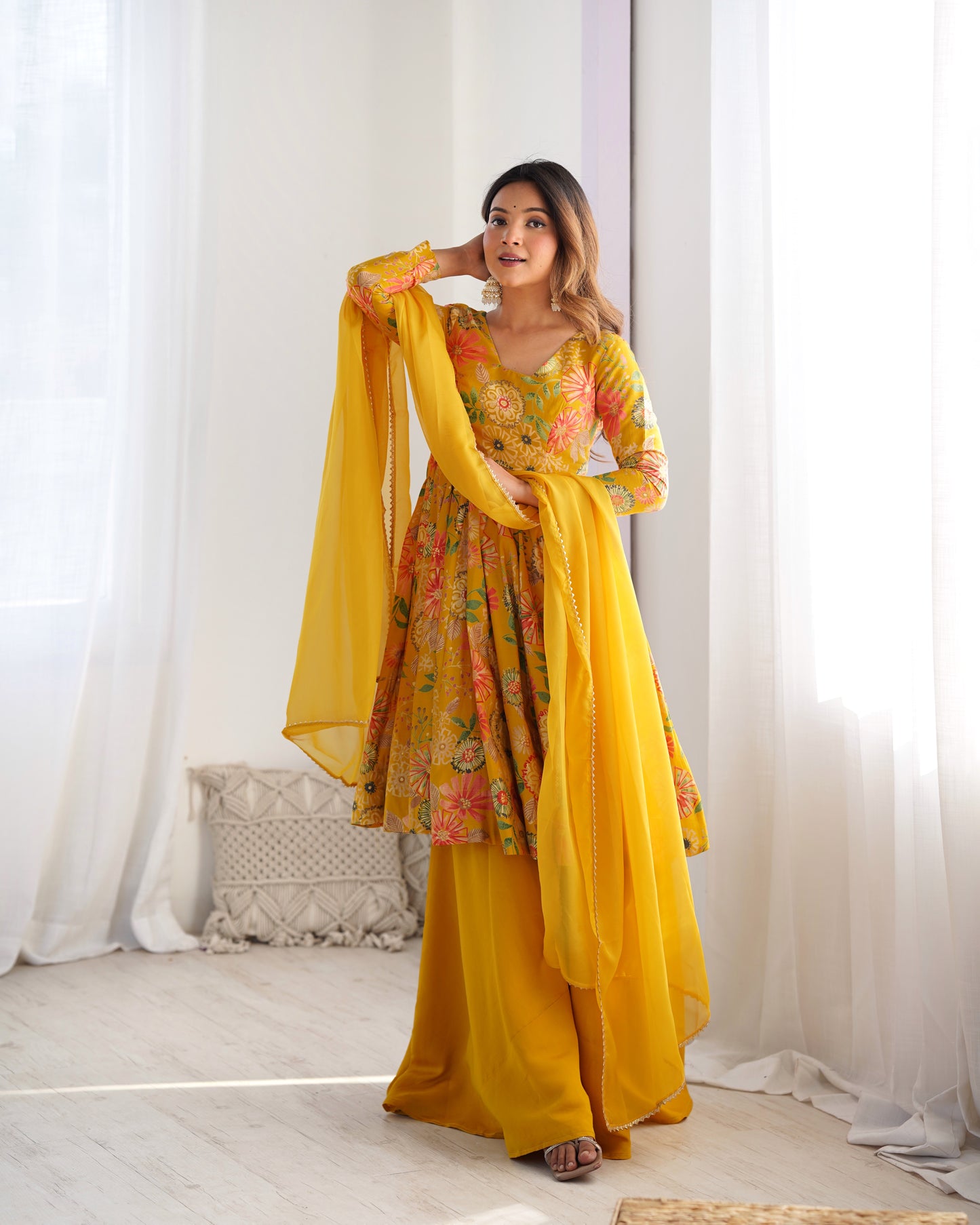 YELLOW COLOR ROMAN SILK BASE PRINTED PLAZZO SUIT SET OF 3