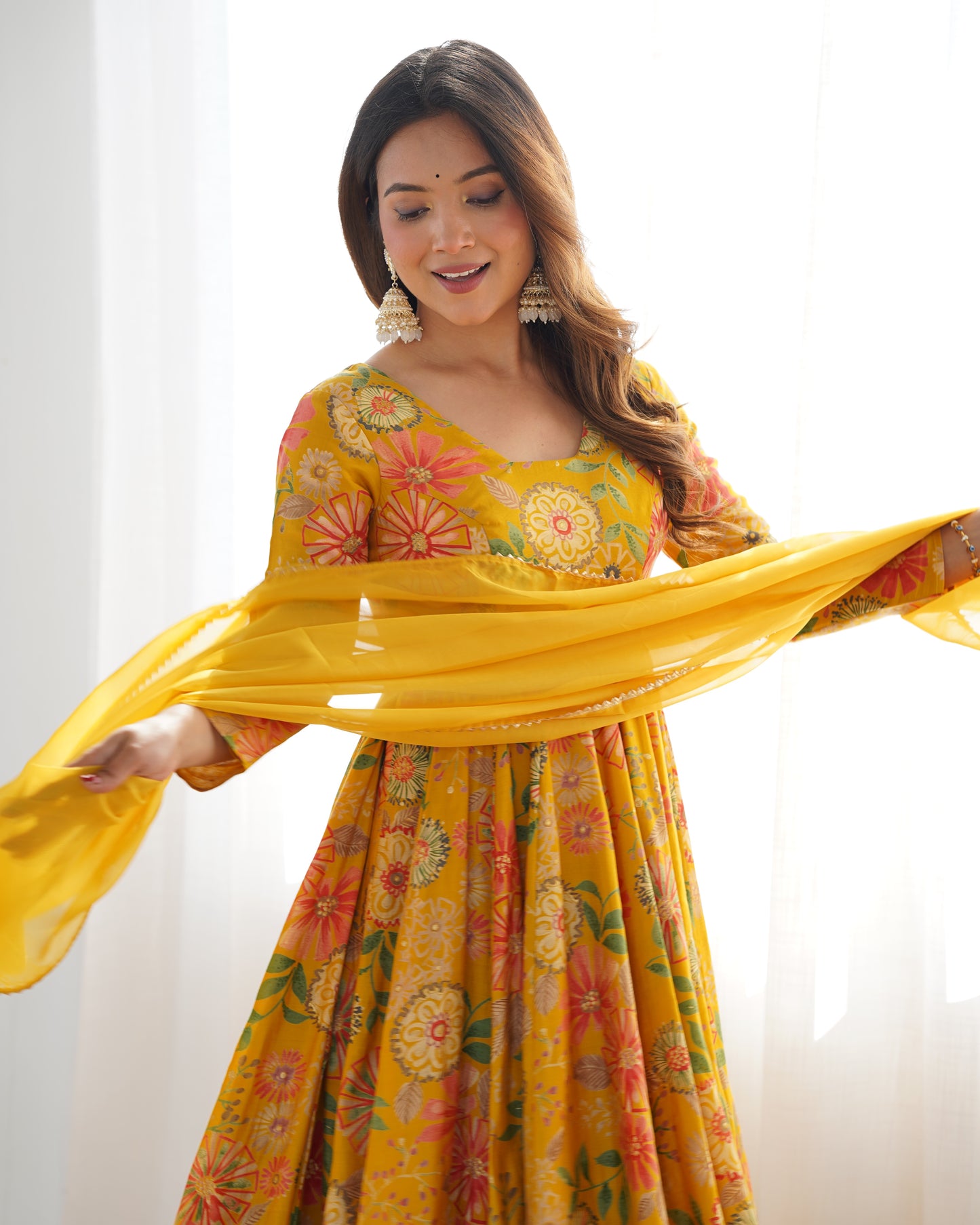 YELLOW COLOR ROMAN SILK BASE PRINTED PLAZZO SUIT SET OF 3