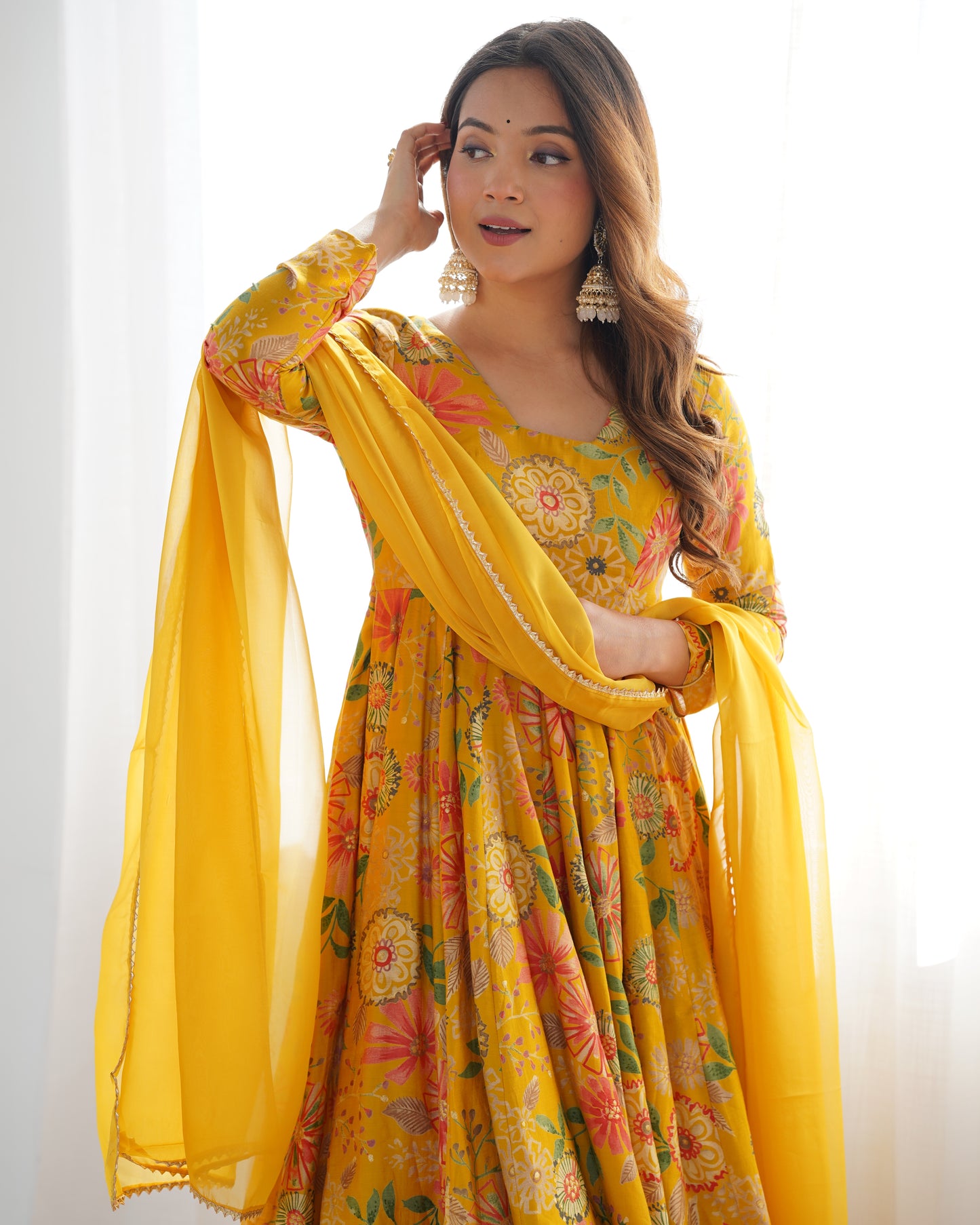 YELLOW COLOR ROMAN SILK BASE PRINTED PLAZZO SUIT SET OF 3