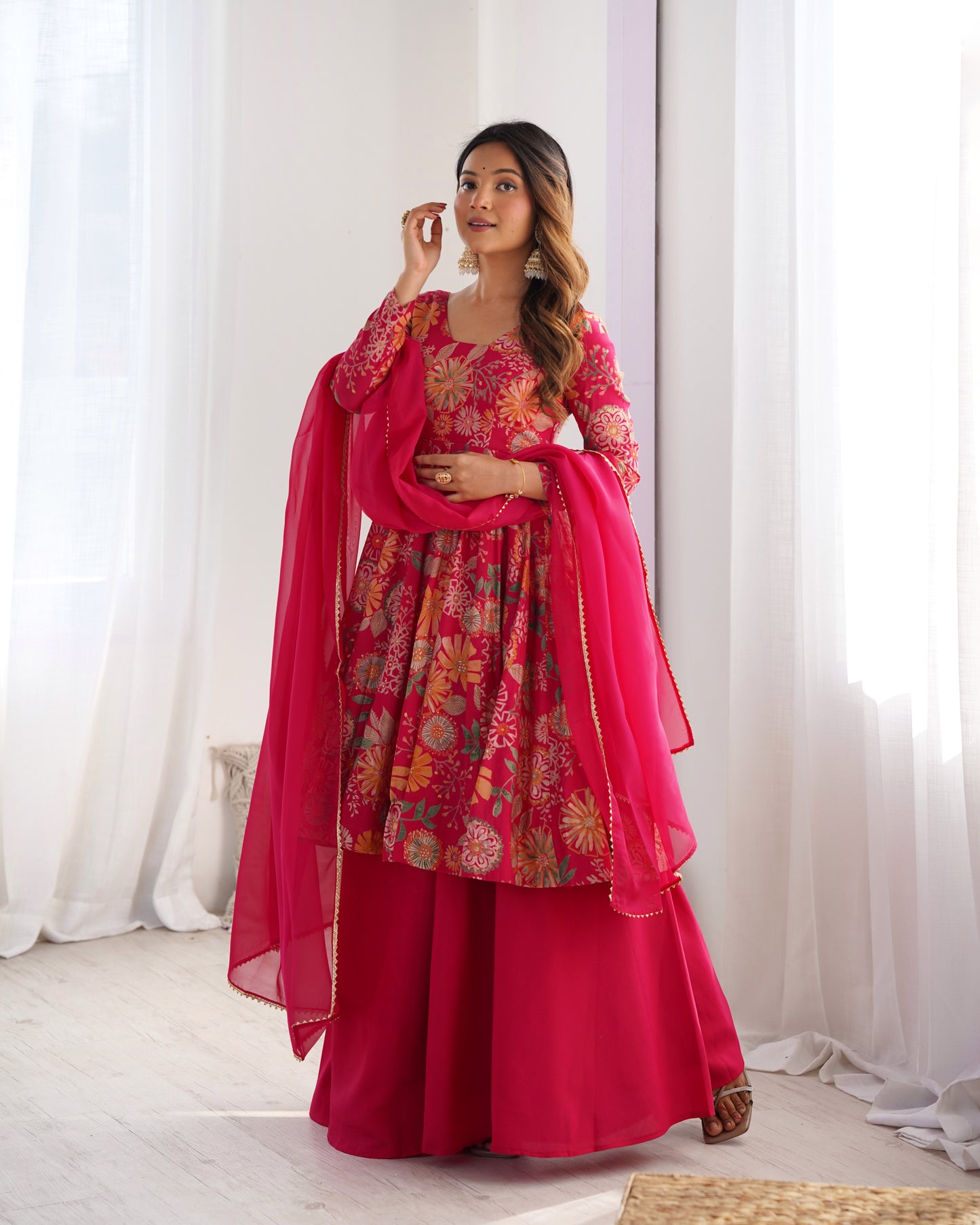 RANI PINK COLOR ROMAN SILK BASE PRINTED PLAZZO SUIT SET OF 3