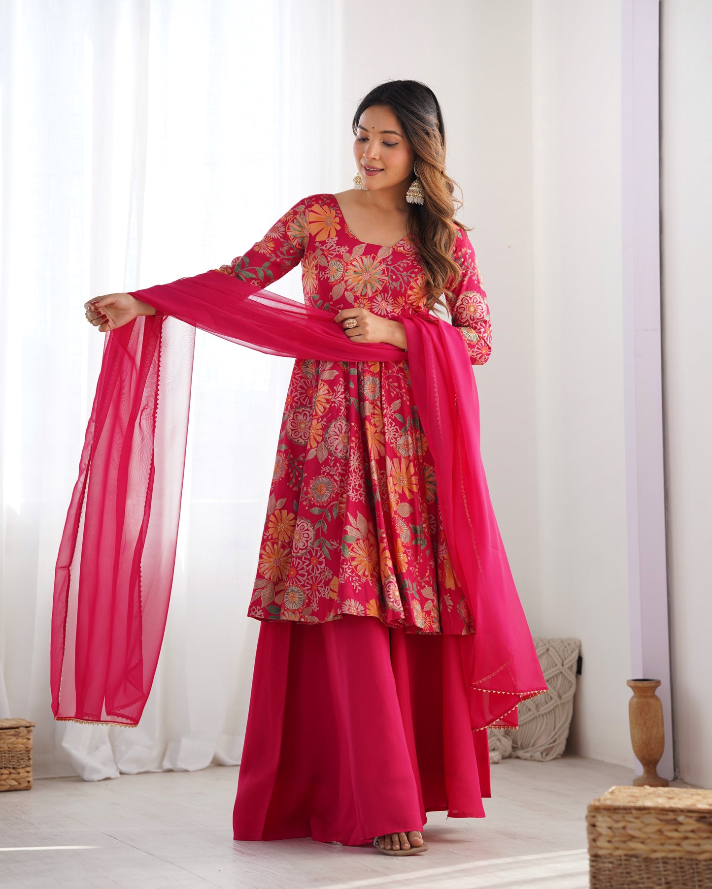 RANI PINK COLOR ROMAN SILK BASE PRINTED PLAZZO SUIT SET OF 3