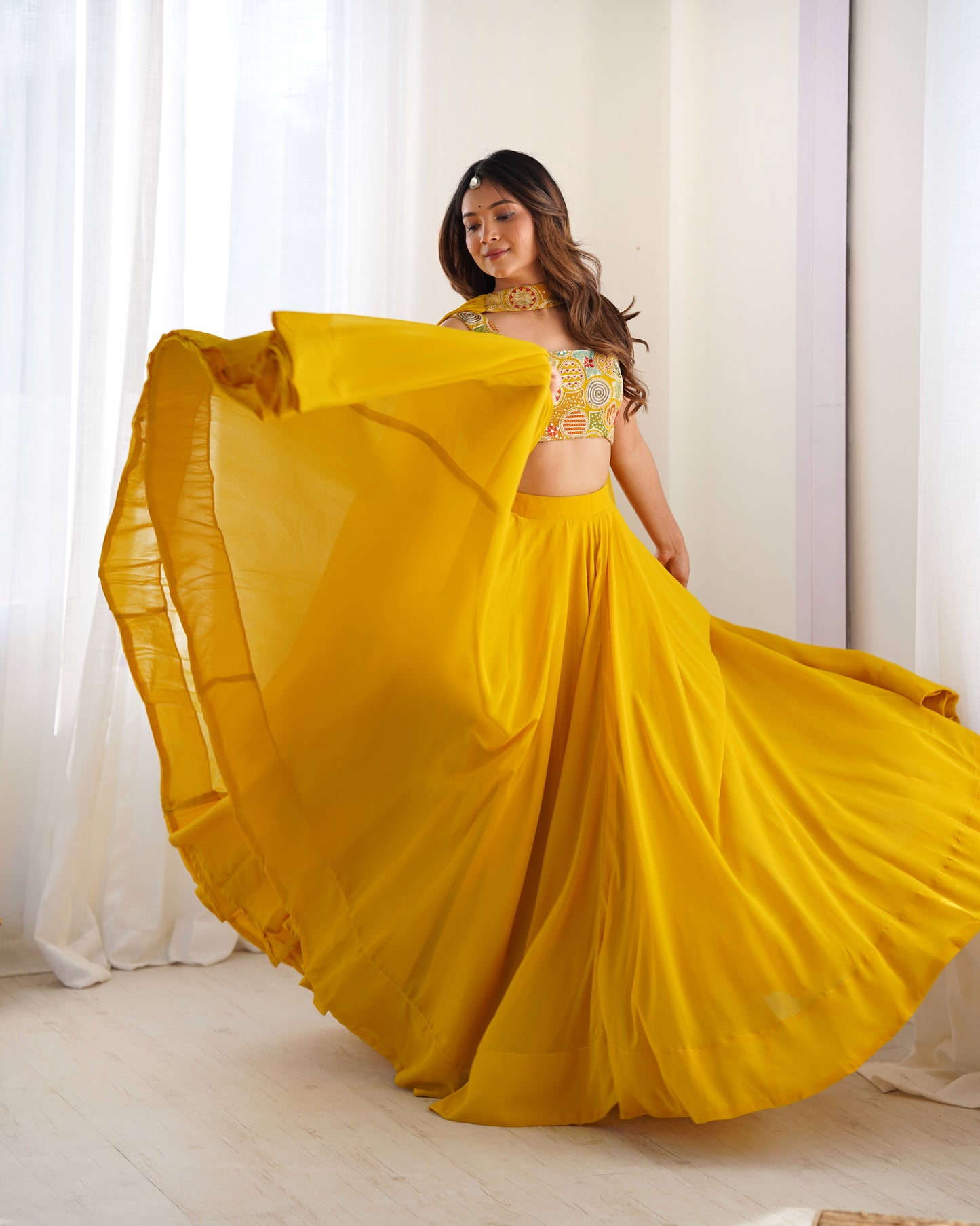 YELLOW COLOR PURE SOFT GEORGETTE LEHENGA WITH FANCY BLOUSE FULLY STITCHED