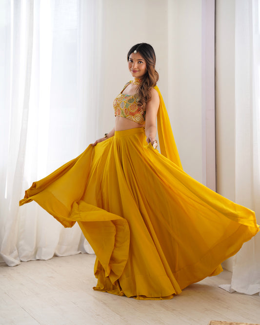 YELLOW COLOR PURE SOFT GEORGETTE LEHENGA WITH FANCY BLOUSE FULLY STITCHED
