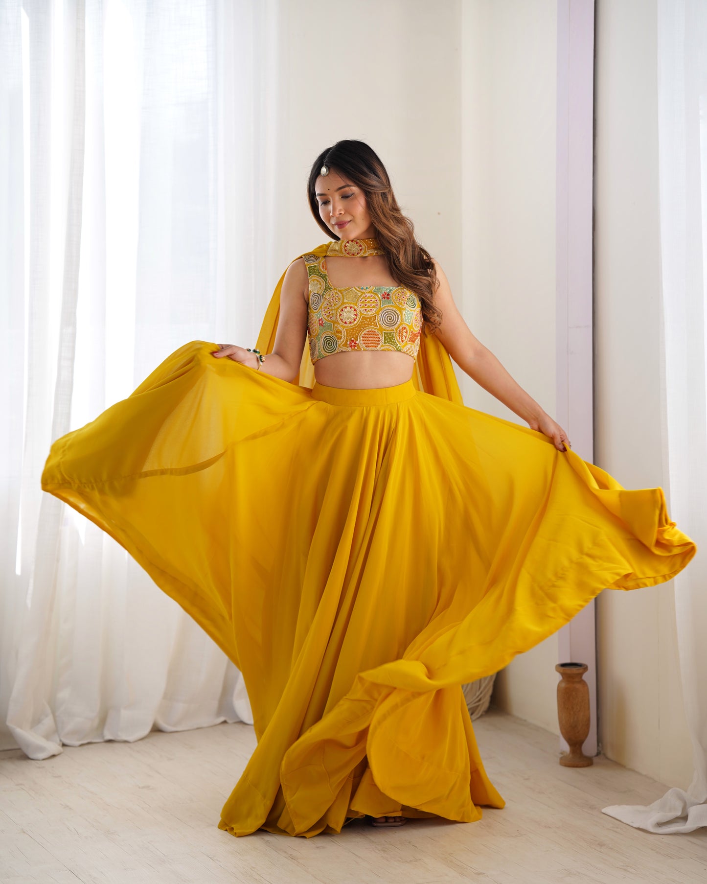 YELLOW COLOR PURE SOFT GEORGETTE LEHENGA WITH FANCY BLOUSE FULLY STITCHED