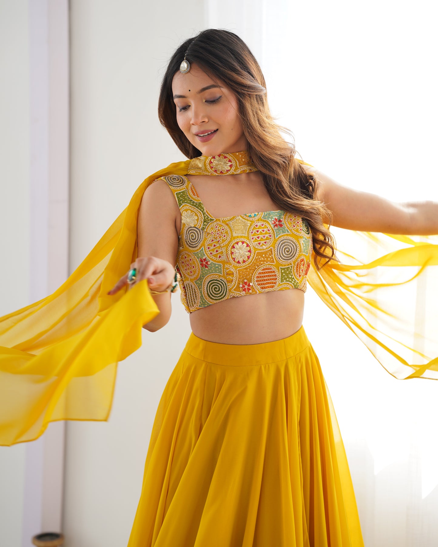 YELLOW COLOR PURE SOFT GEORGETTE LEHENGA WITH FANCY BLOUSE FULLY STITCHED