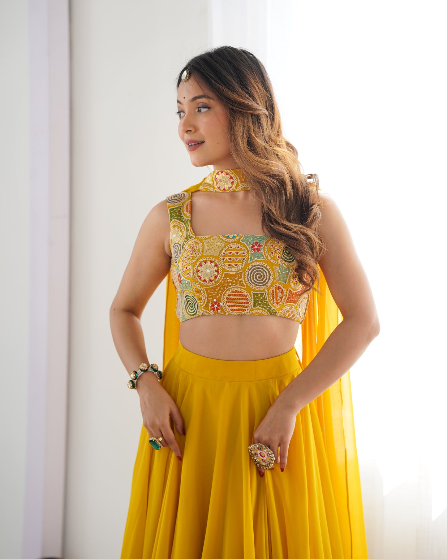 YELLOW COLOR PURE SOFT GEORGETTE LEHENGA WITH FANCY BLOUSE FULLY STITCHED