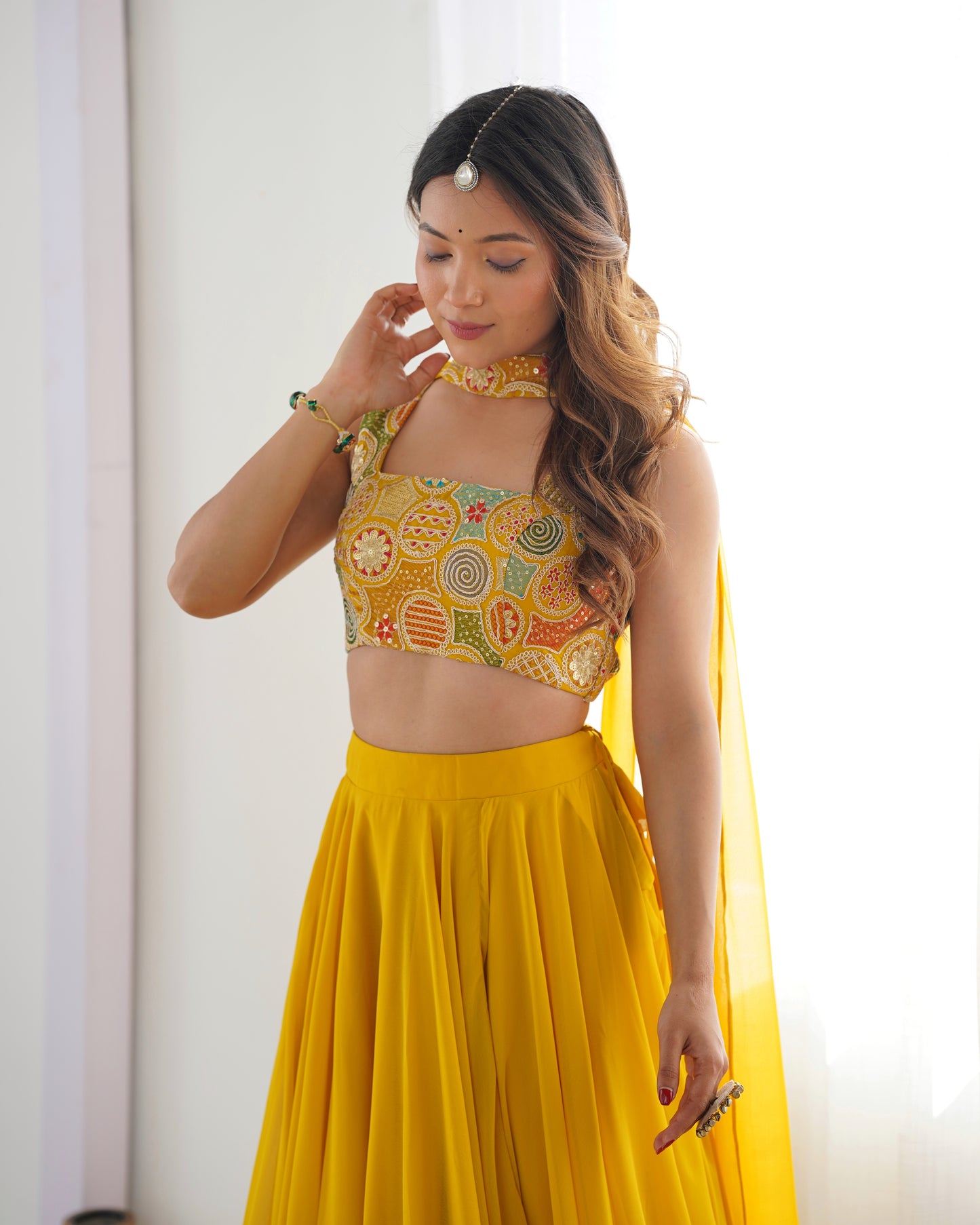 YELLOW COLOR PURE SOFT GEORGETTE LEHENGA WITH FANCY BLOUSE FULLY STITCHED