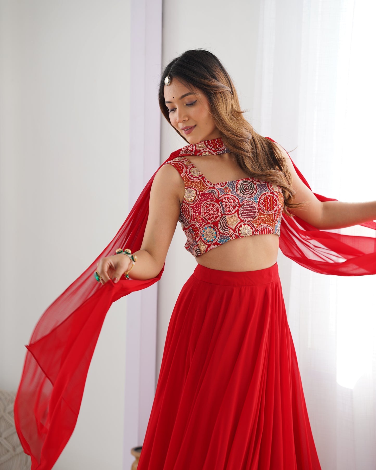 RED COLOR PURE SOFT GEORGETTE LEHENGA WITH FANCY BLOUSE FULLY STITCHED