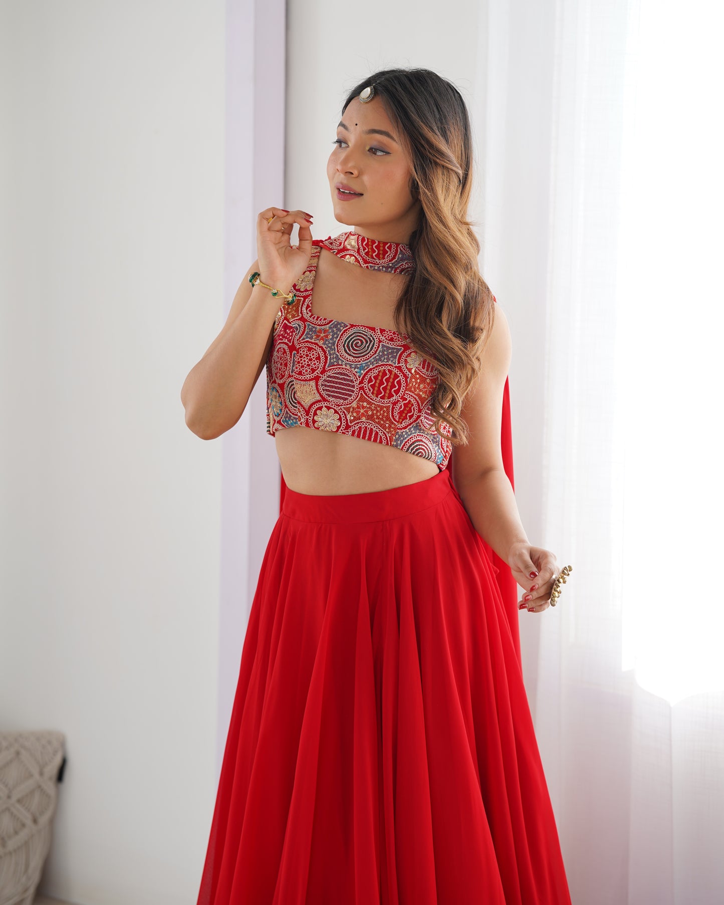 RED COLOR PURE SOFT GEORGETTE LEHENGA WITH FANCY BLOUSE FULLY STITCHED