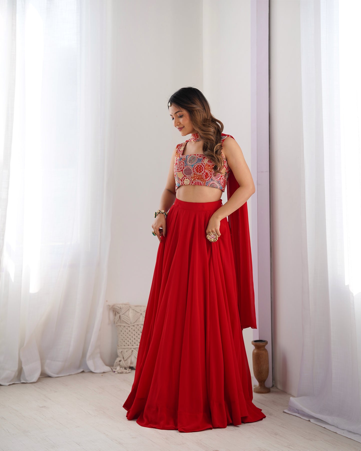 RED COLOR PURE SOFT GEORGETTE LEHENGA WITH FANCY BLOUSE FULLY STITCHED