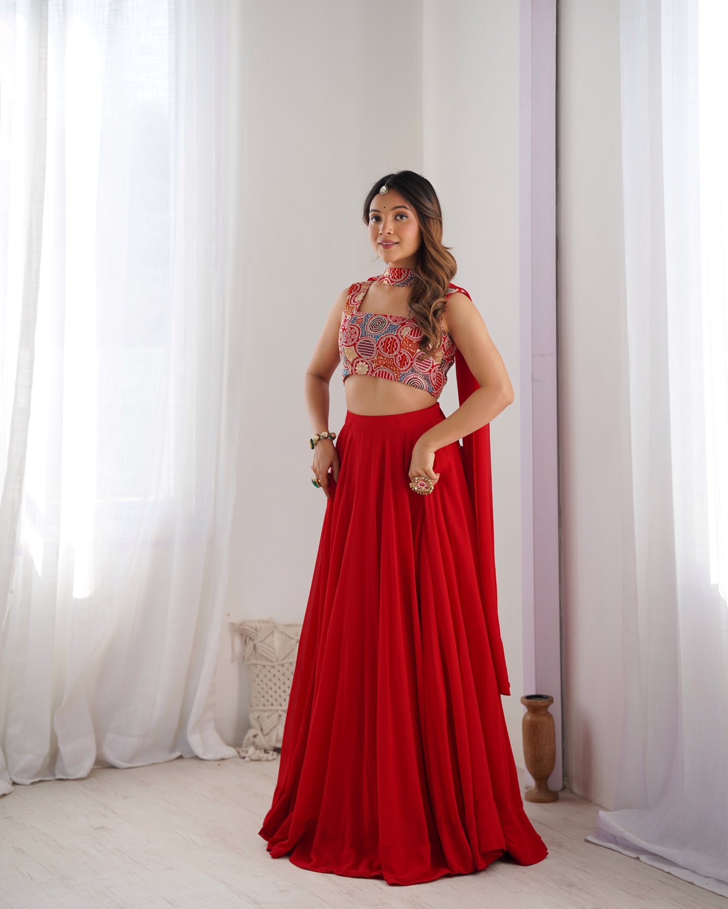 RED COLOR PURE SOFT GEORGETTE LEHENGA WITH FANCY BLOUSE FULLY STITCHED