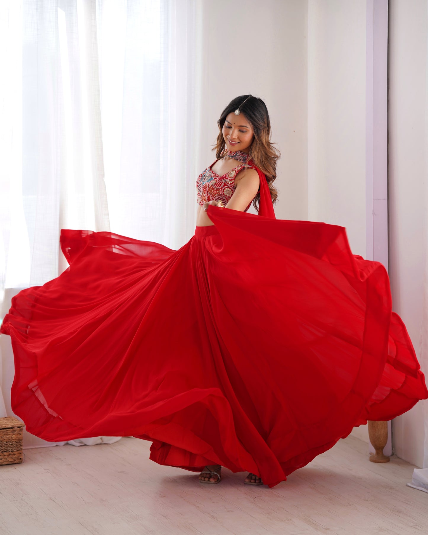 RED COLOR PURE SOFT GEORGETTE LEHENGA WITH FANCY BLOUSE FULLY STITCHED