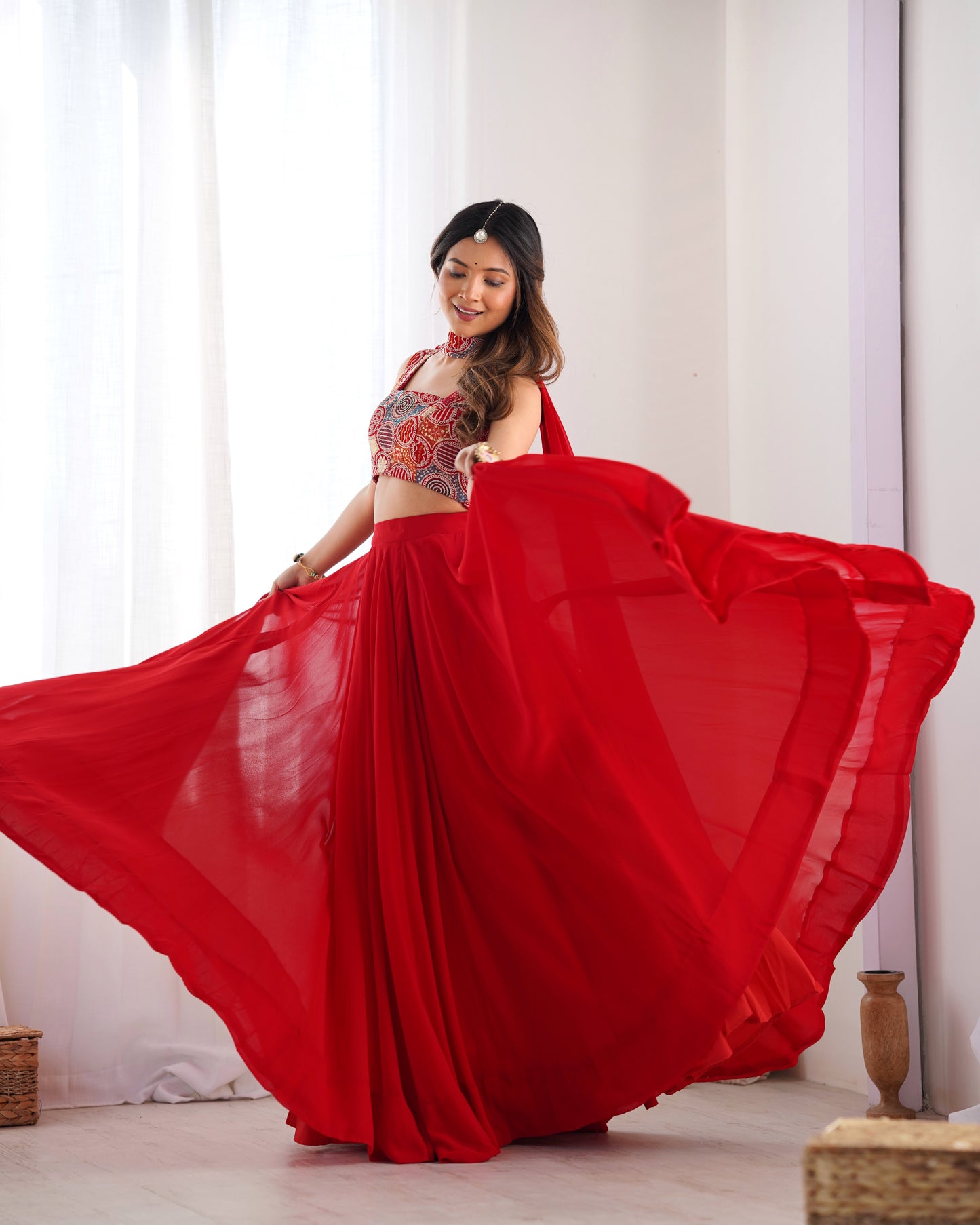 RED COLOR PURE SOFT GEORGETTE LEHENGA WITH FANCY BLOUSE FULLY STITCHED