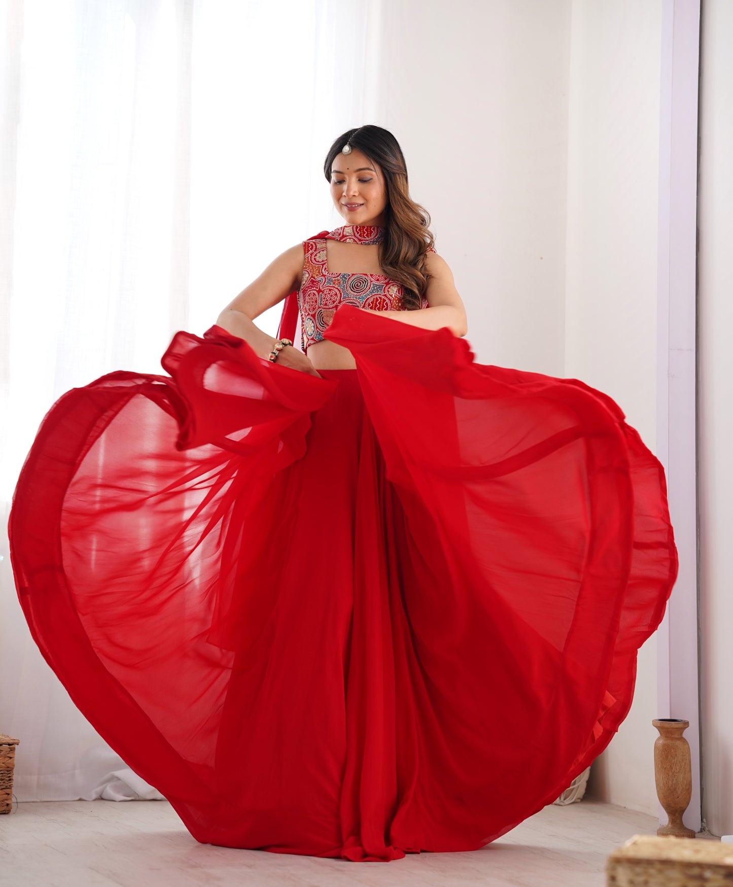 RED COLOR PURE SOFT GEORGETTE LEHENGA WITH FANCY BLOUSE FULLY STITCHED