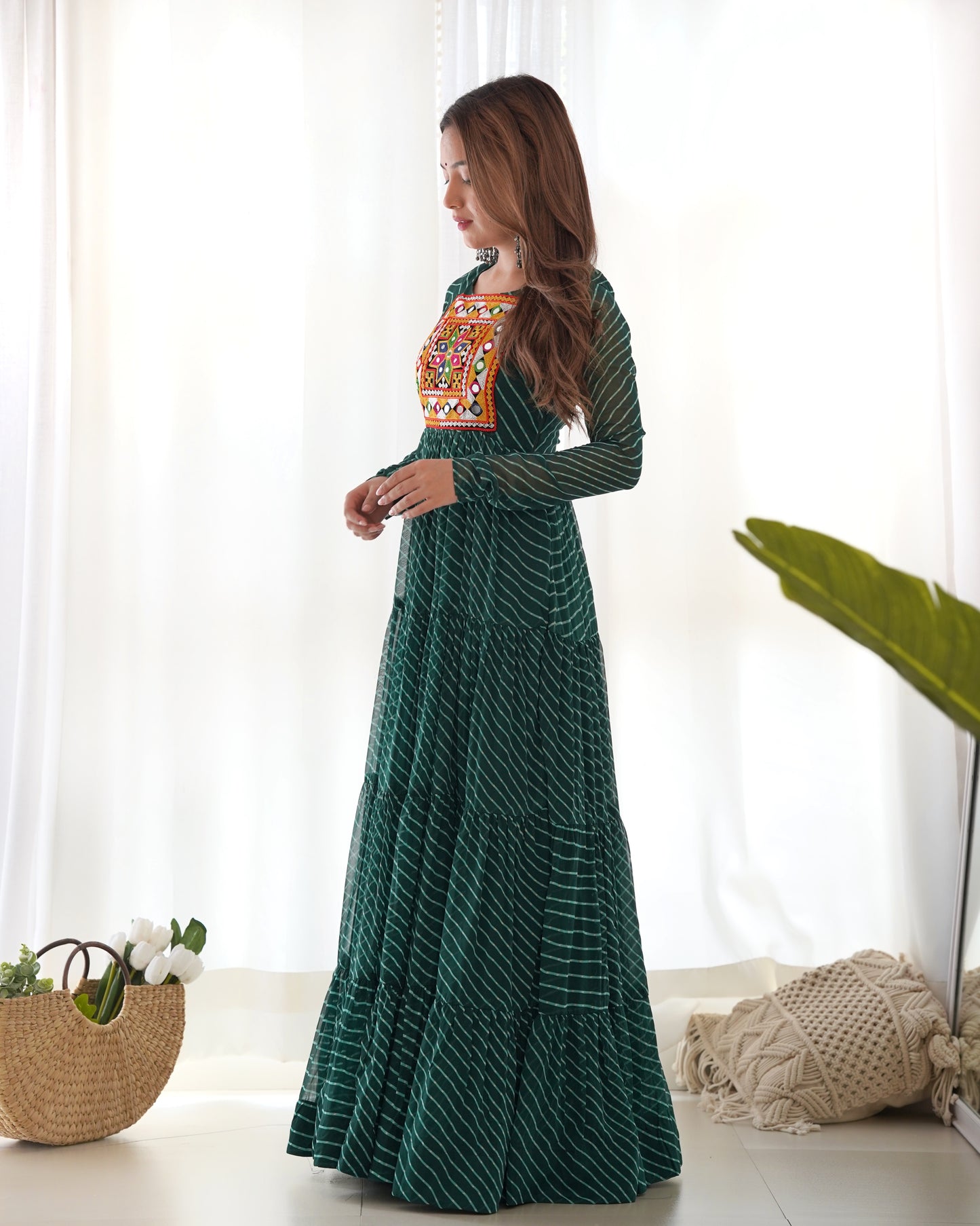 GREEN COLOR GEORGETTE LAHERIYA PRINT NAVRATRI GOWN
