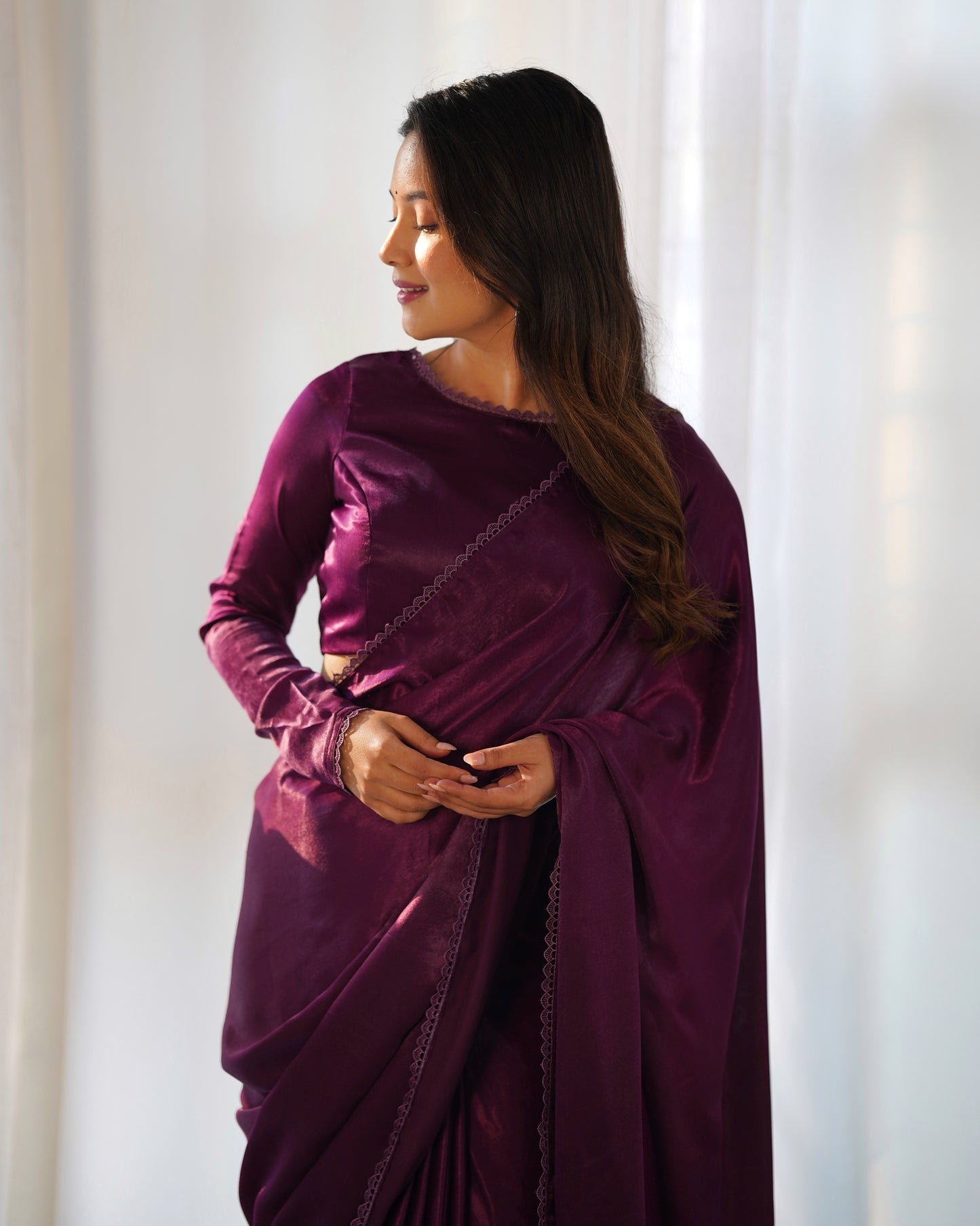 WINE COLOR MARBLE VELVET PRE DRAPPED SAREE