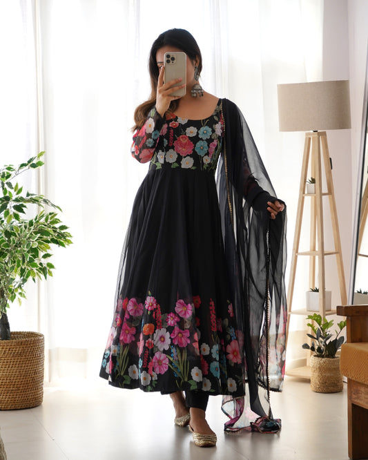 BLACK COLOR FLORAL PRINT ORGANZA ANARKALI SUIT SET OF 3