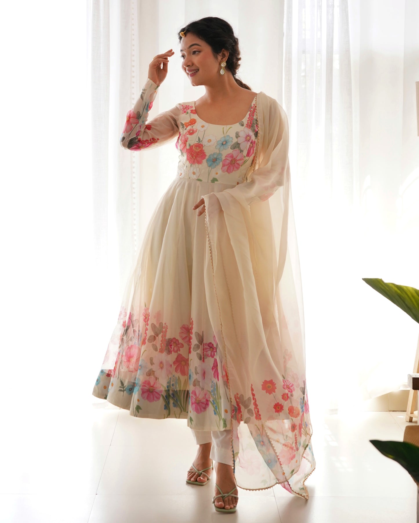 OFF WHITE COLOR FLORAL PRINT ORGANZA ANARKALI SUIT SET OF 3