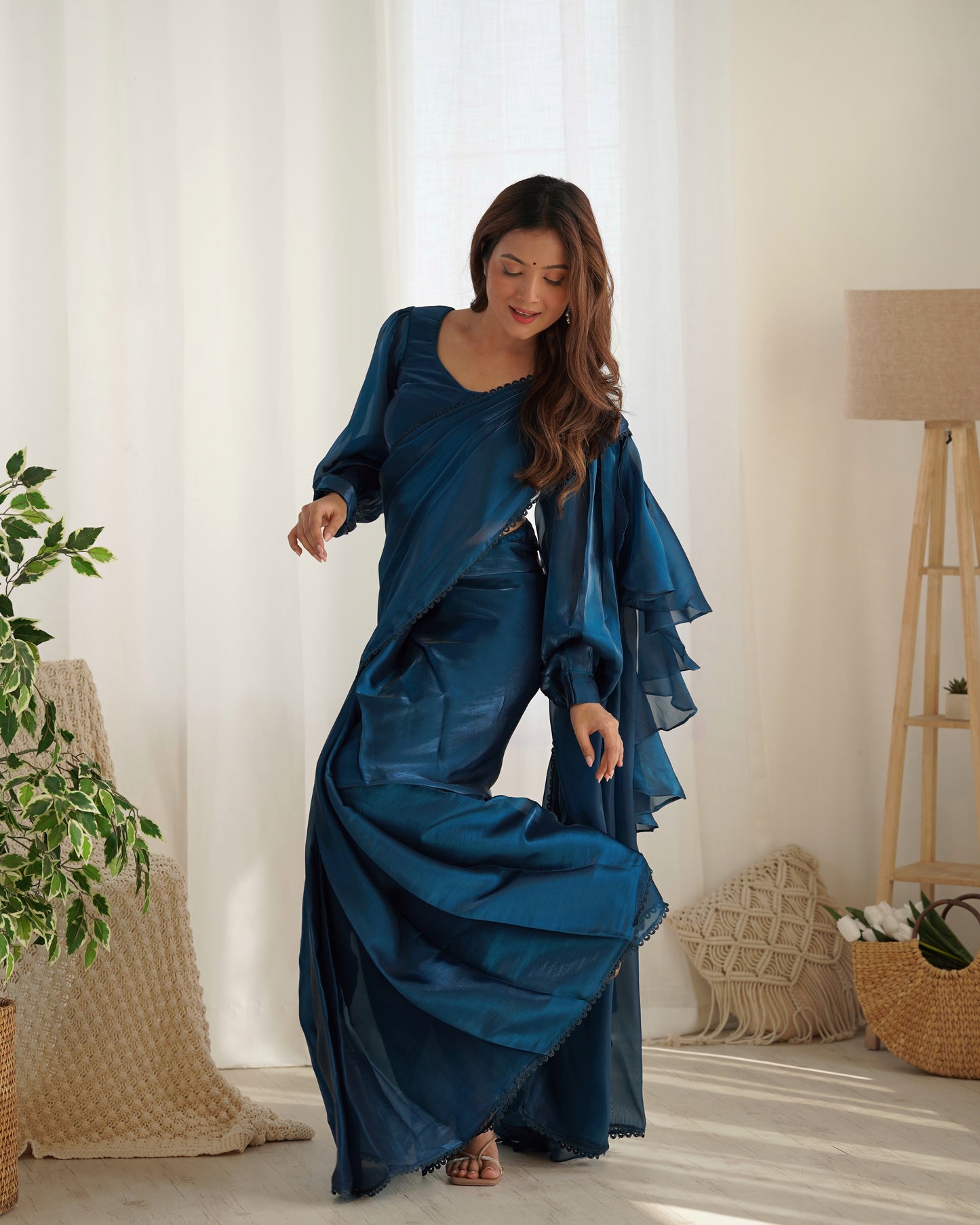 TEAL BLUE COLOR JIMMY CHOO PRE DRAPPED SAREE