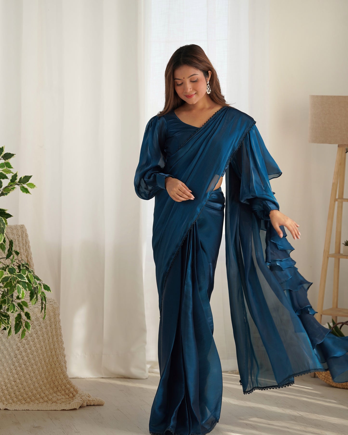 TEAL BLUE COLOR JIMMY CHOO PRE DRAPPED SAREE