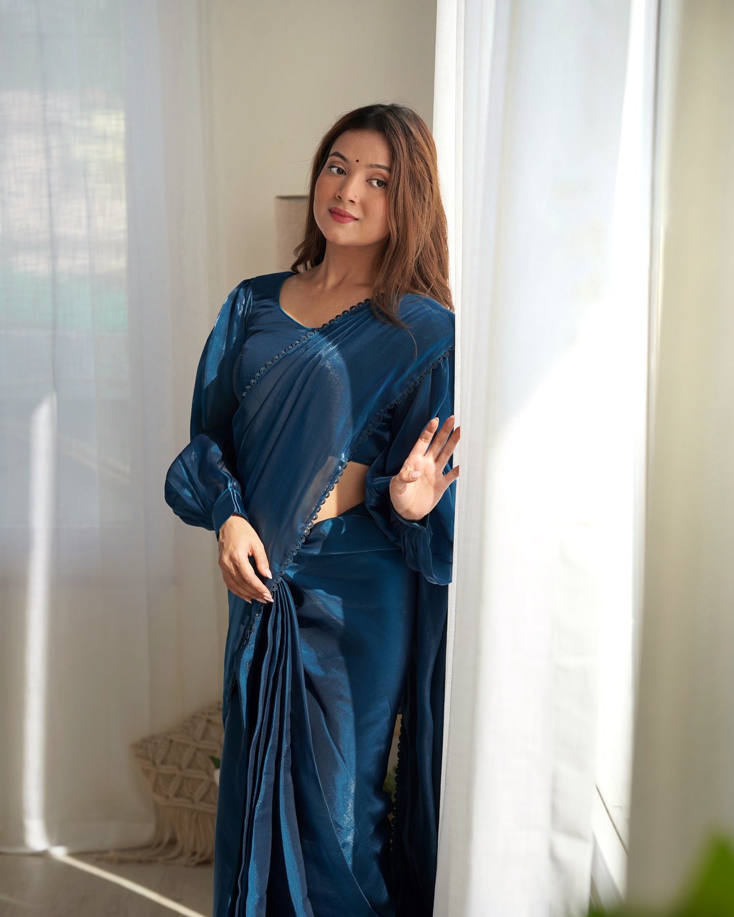 TEAL BLUE COLOR JIMMY CHOO PRE DRAPPED SAREE