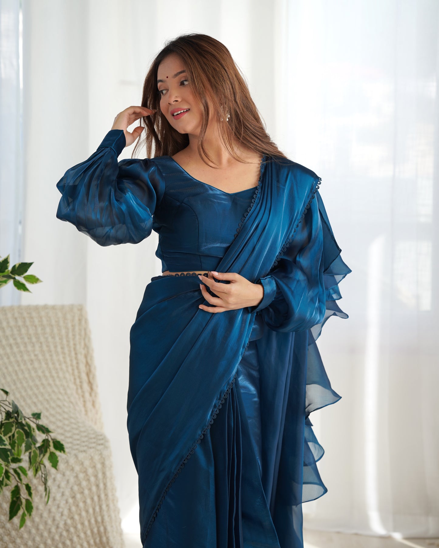 TEAL BLUE COLOR JIMMY CHOO PRE DRAPPED SAREE