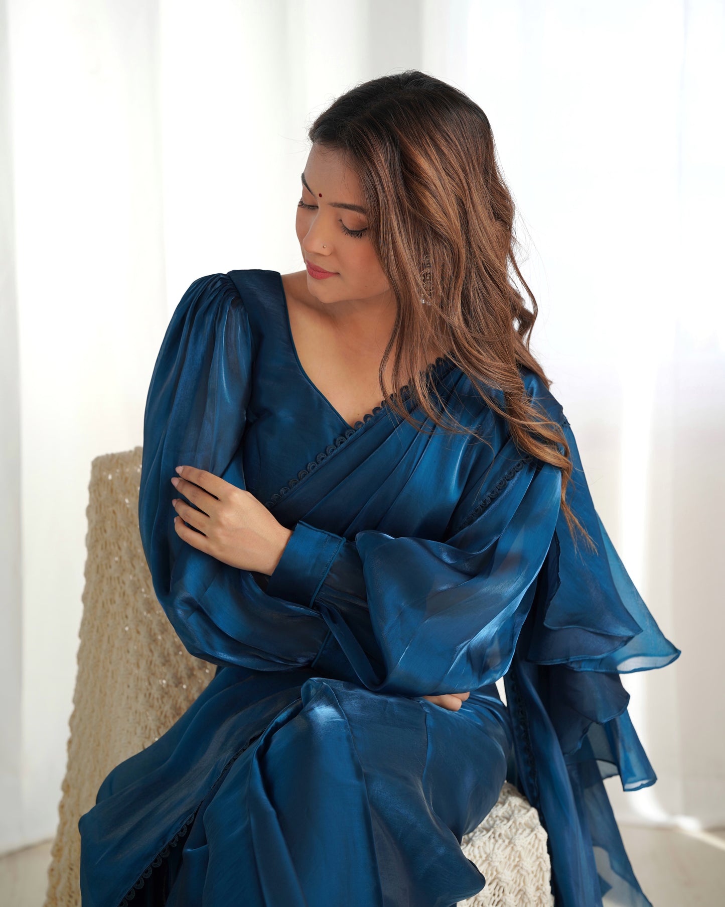 TEAL BLUE COLOR JIMMY CHOO PRE DRAPPED SAREE