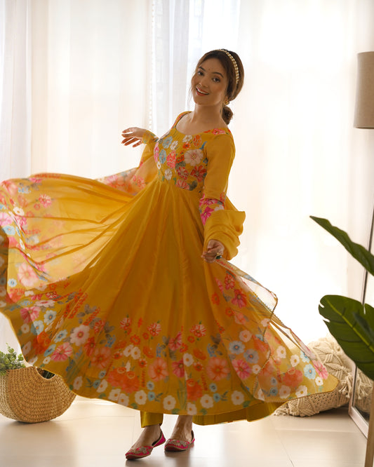YELLOW COLOR FLORAL PRINT ORGANZA ANARKALI SUIT SET OF 3
