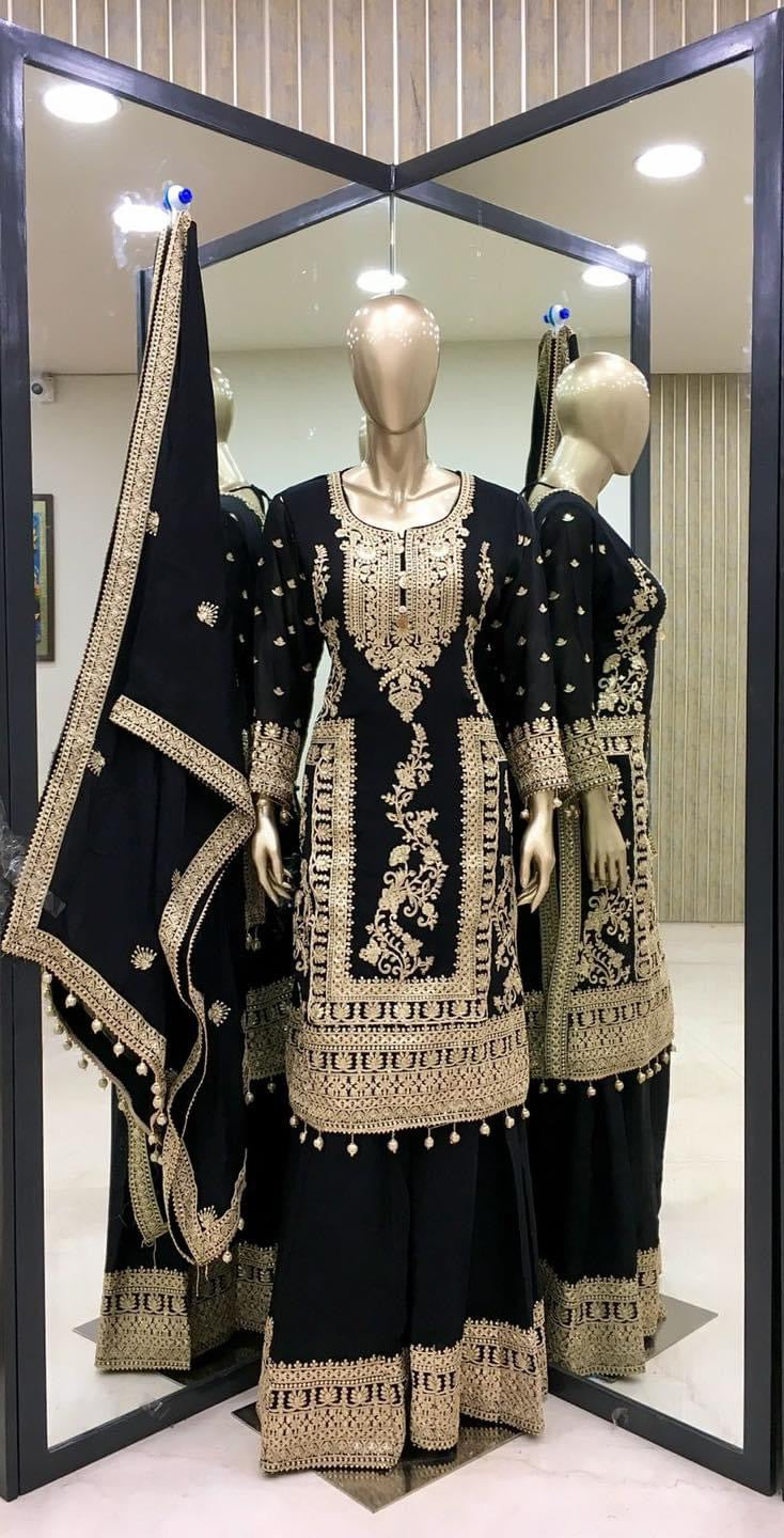 PURE CHINNON SILK BASE HEAVY EMBROIDERY CODING DORI & SEQUENCE WORK SALWAR SUIT SET OF 3
