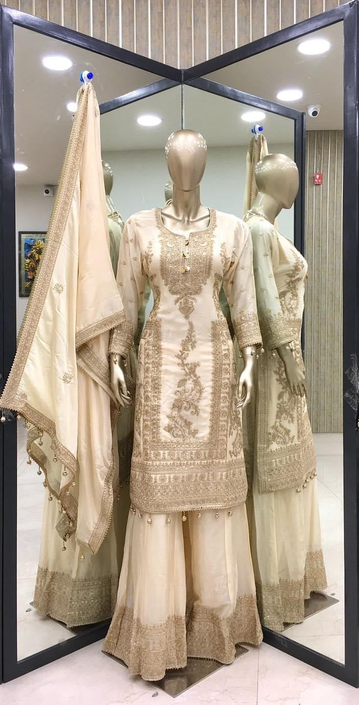 PURE CHINNON SILK BASE HEAVY EMBROIDERY CODING DORI & SEQUENCE WORK SALWAR SUIT SET OF 3