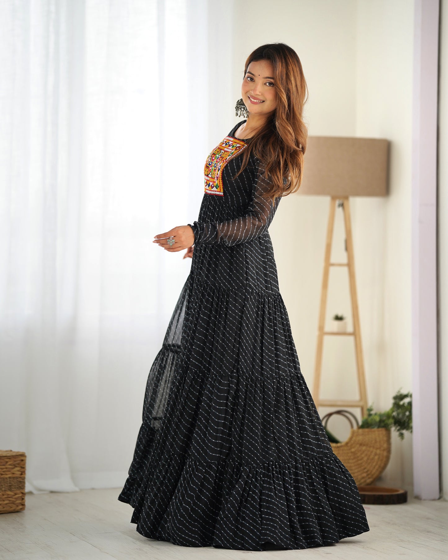 BLACK COLOR GEORGETTE LAHERIYA PRINT NAVRATRI GOWN