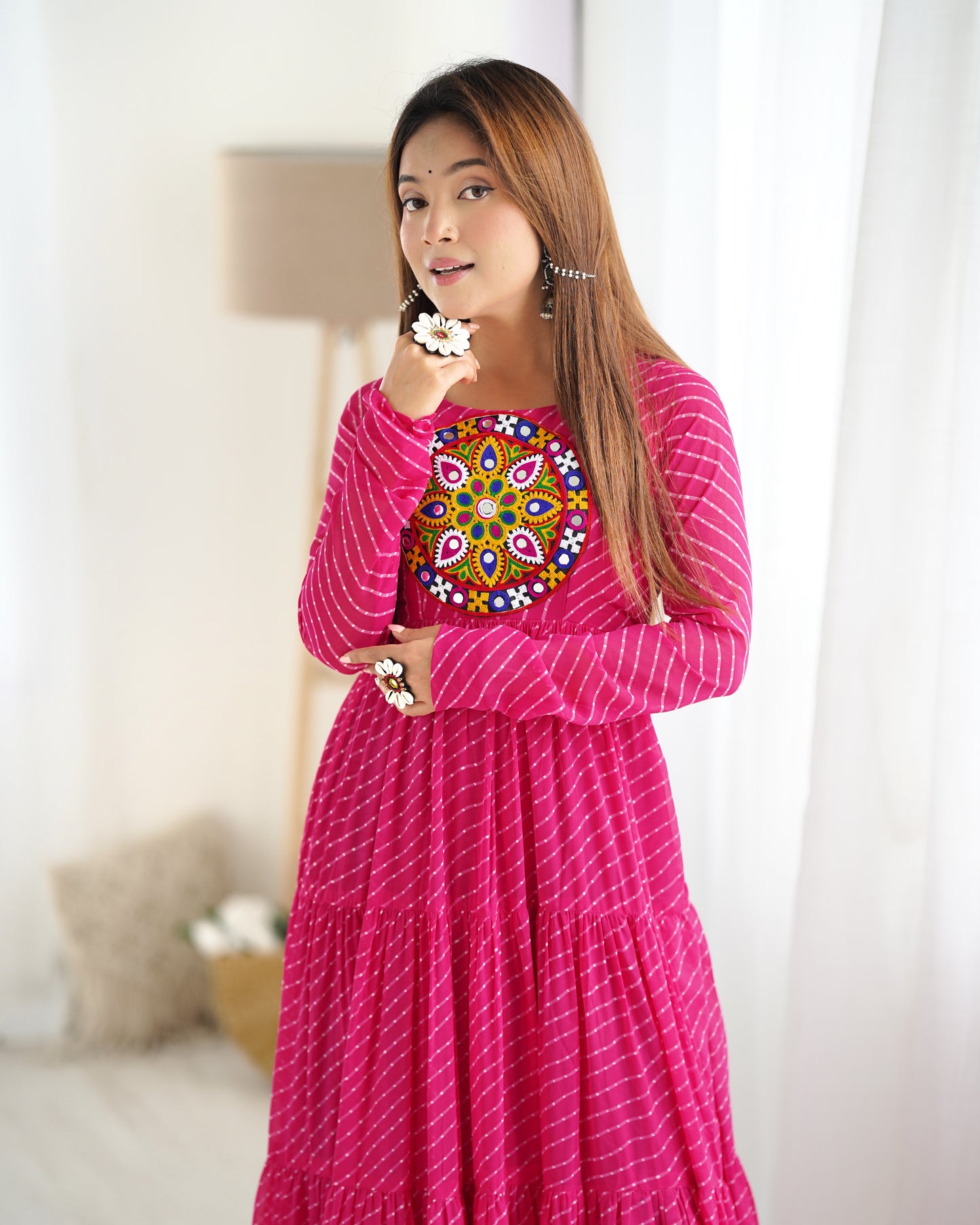 RANI PINK COLOR GEORGETTE LAHERIYA PRINT NAVRATRI GOWN