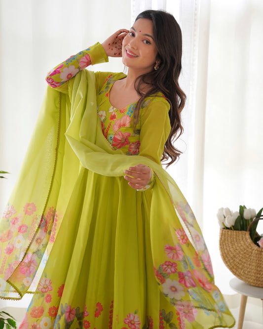 NEON COLOR FLORAL PRINT ORGANZA ANARKALI SUIT SET OF 3