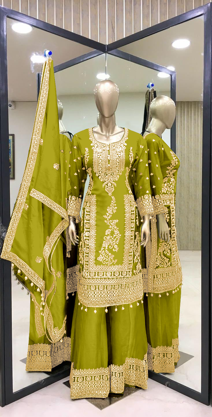 PURE CHINNON SILK BASE HEAVY EMBROIDERY CODING DORI & SEQUENCE WORK SALWAR SUIT SET OF 3