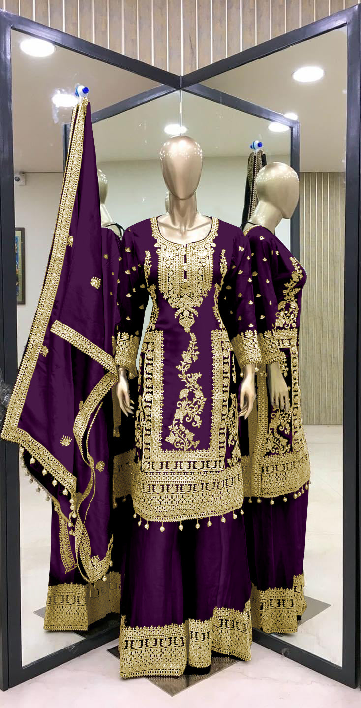 PURE CHINNON SILK BASE HEAVY EMBROIDERY CODING DORI & SEQUENCE WORK SALWAR SUIT SET OF 3