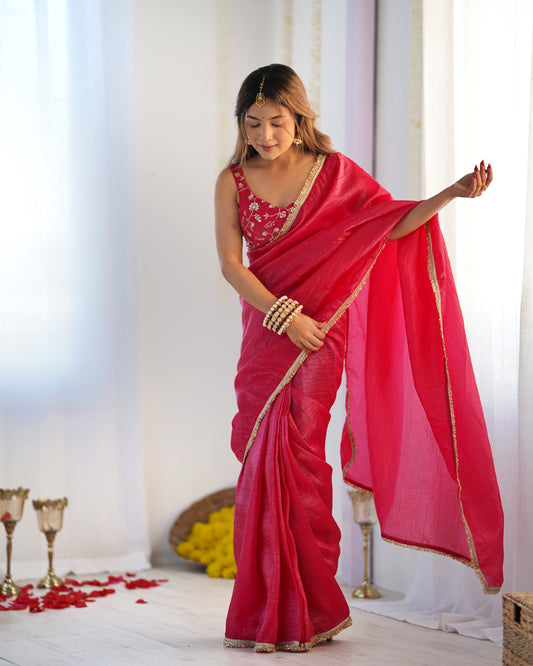 RANI PINK COLOR TISSUE SILK PRE DRAPPED SAREE