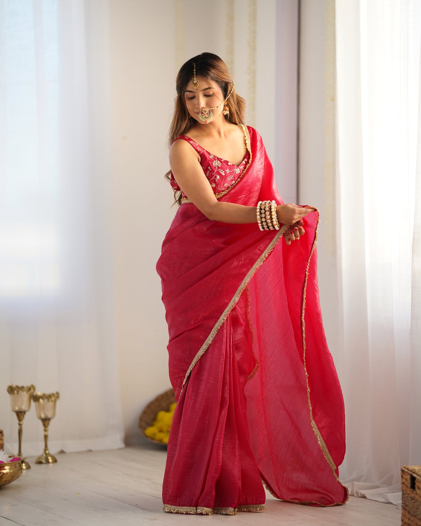 RANI PINK COLOR TISSUE SILK PRE DRAPPED SAREE