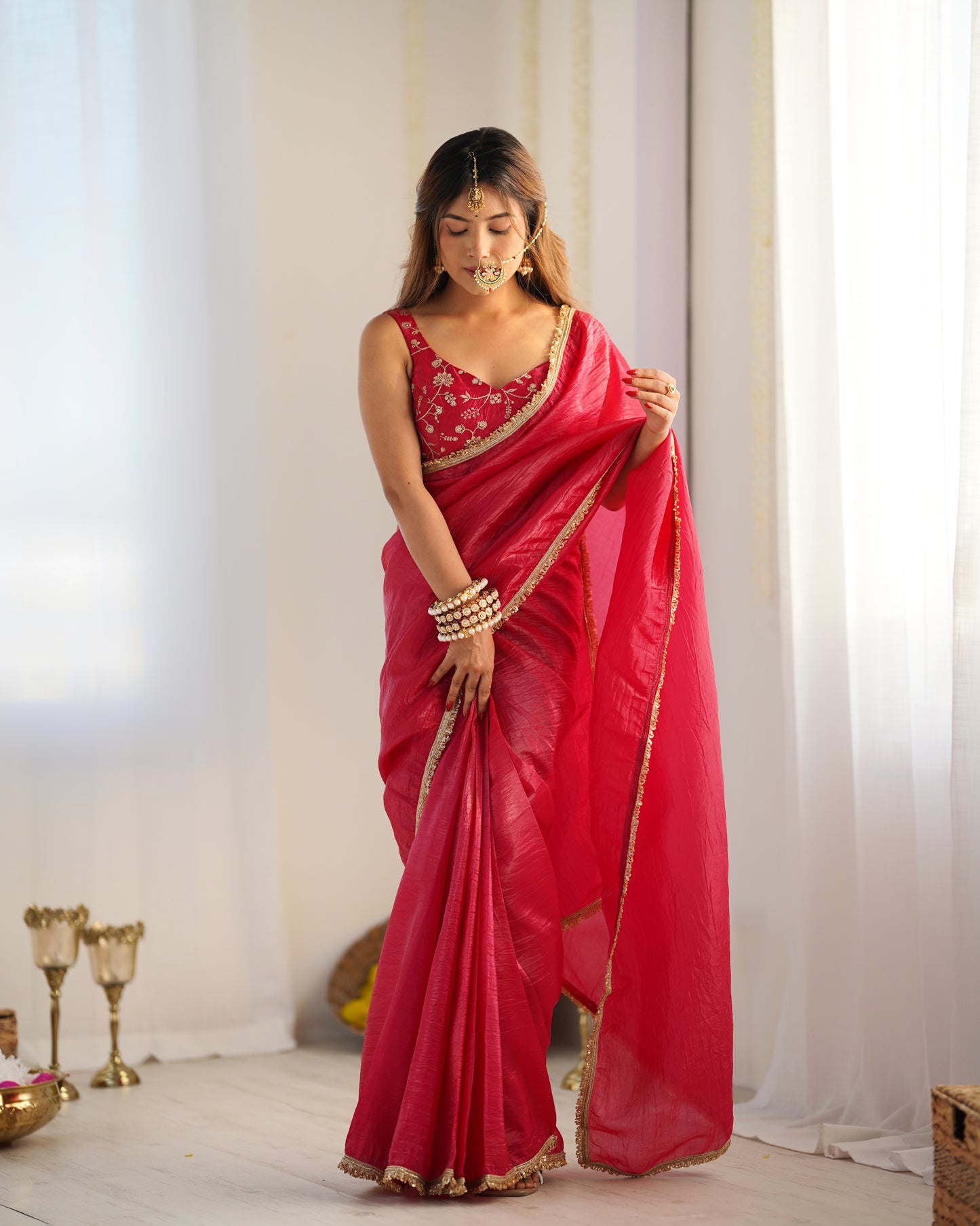 RANI PINK COLOR TISSUE SILK PRE DRAPPED SAREE