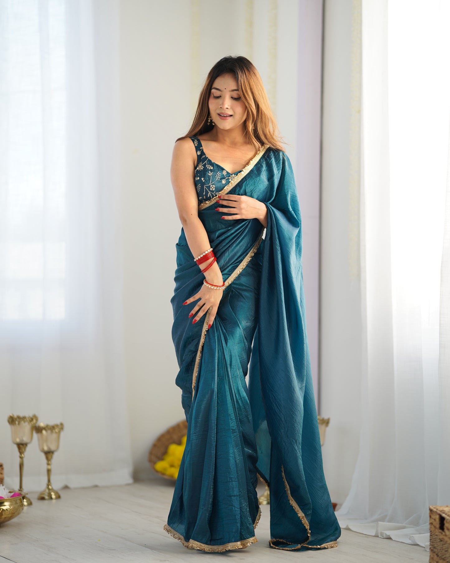 TEAL BLUE COLOR TISSUE SILK PRE DRAPPED SAREE