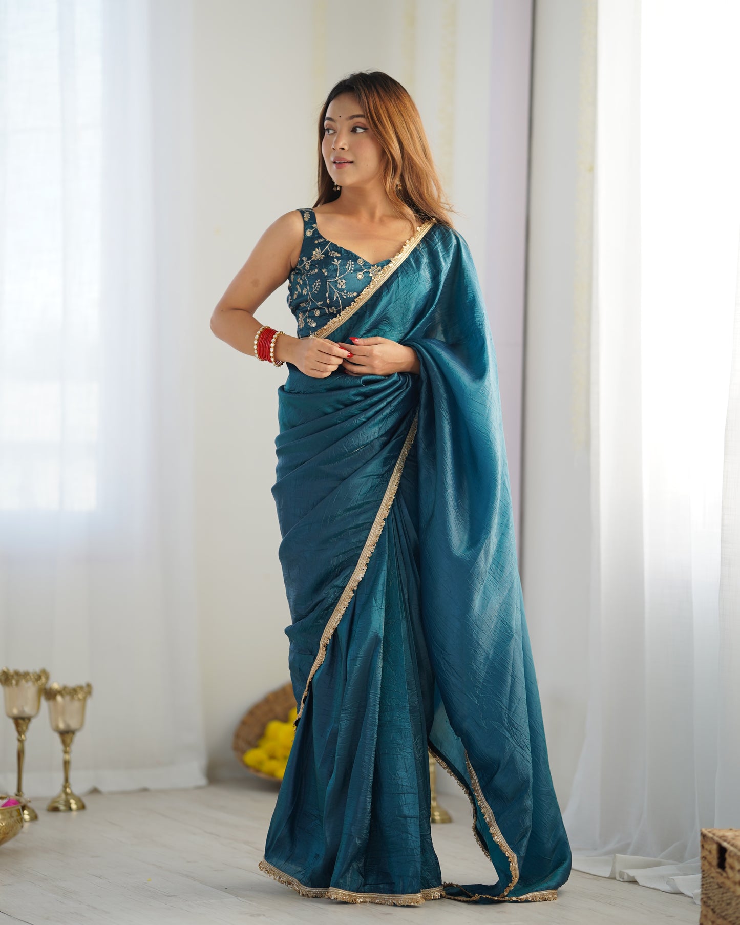 TEAL BLUE COLOR TISSUE SILK PRE DRAPPED SAREE