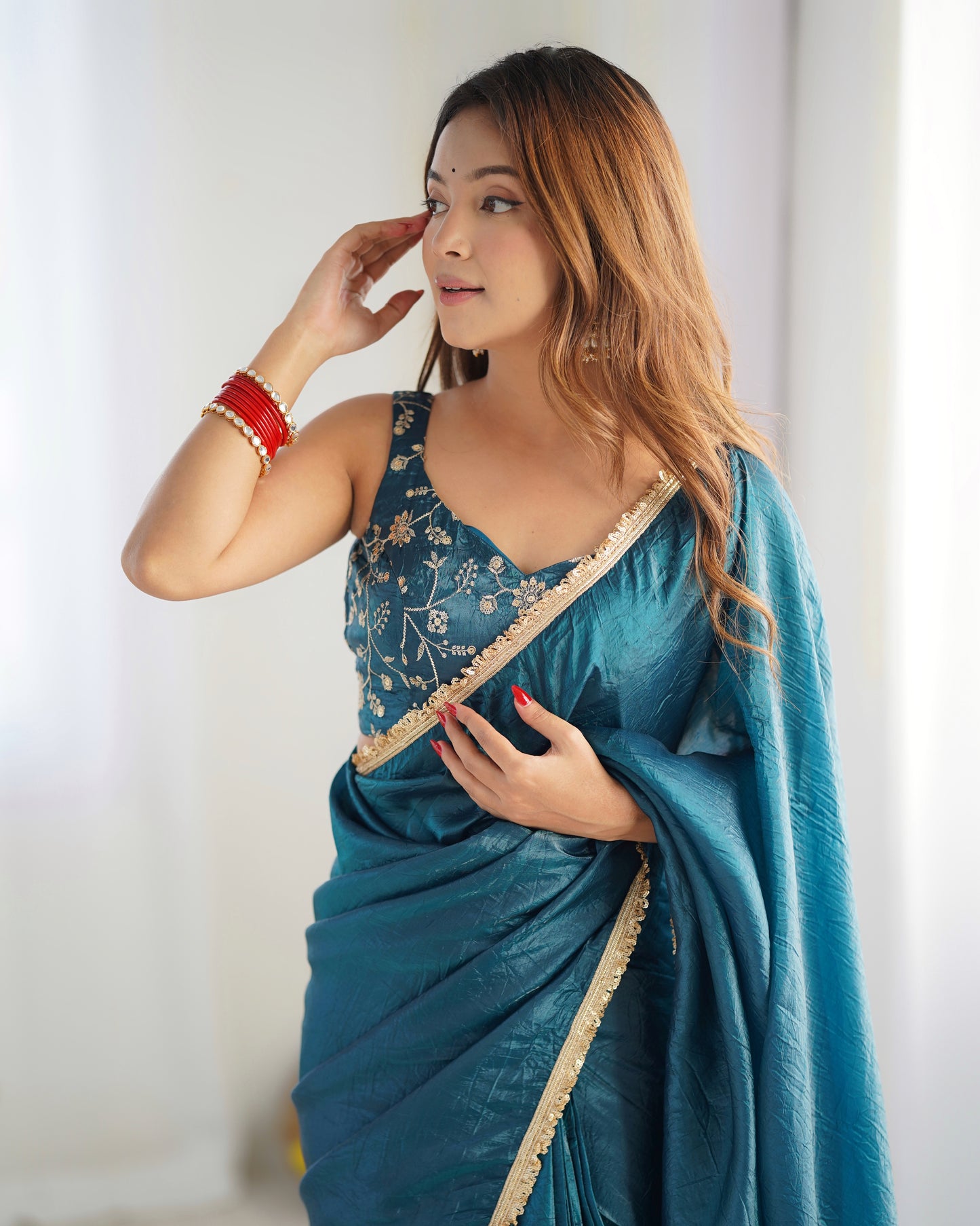 TEAL BLUE COLOR TISSUE SILK PRE DRAPPED SAREE