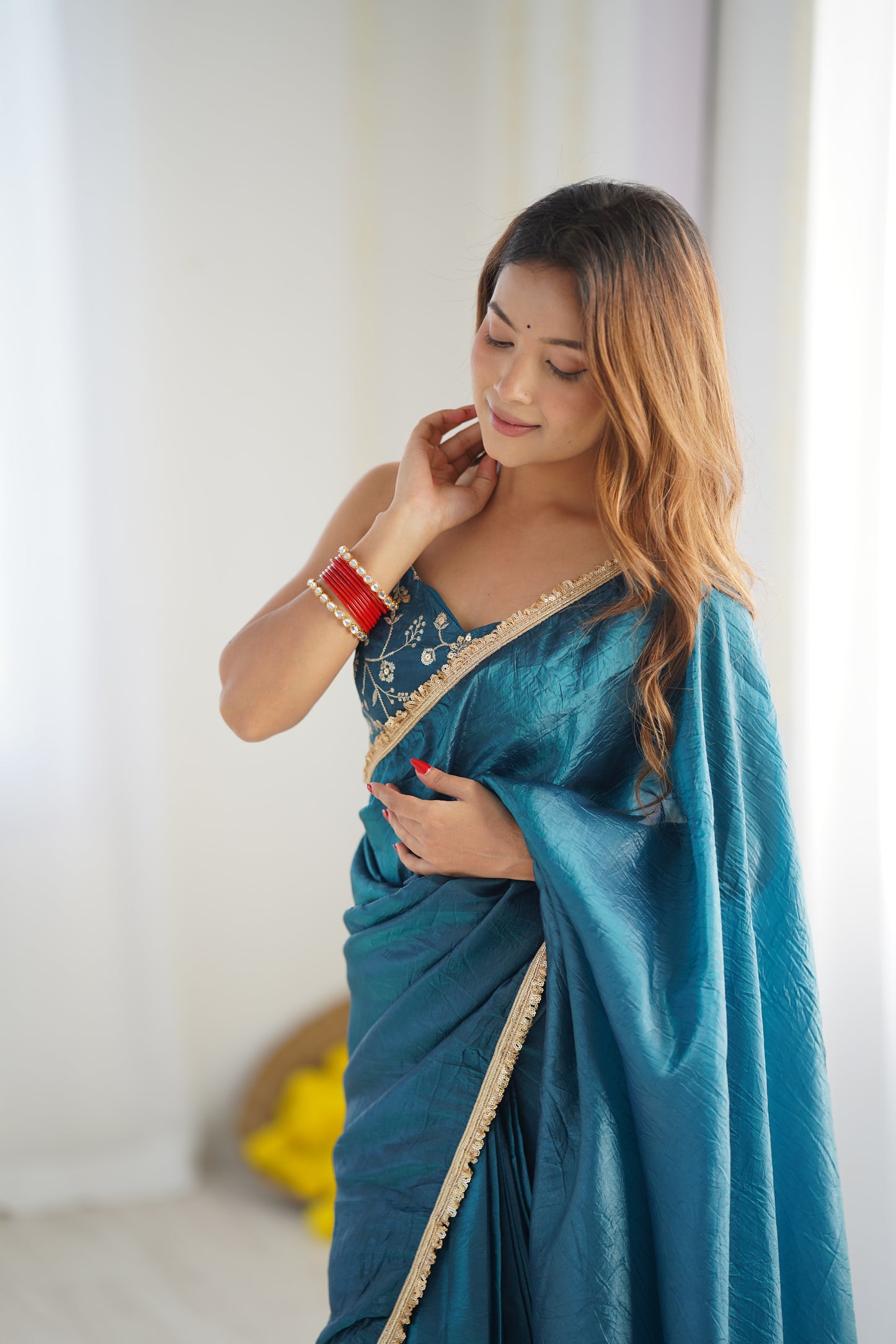 TEAL BLUE COLOR TISSUE SILK PRE DRAPPED SAREE