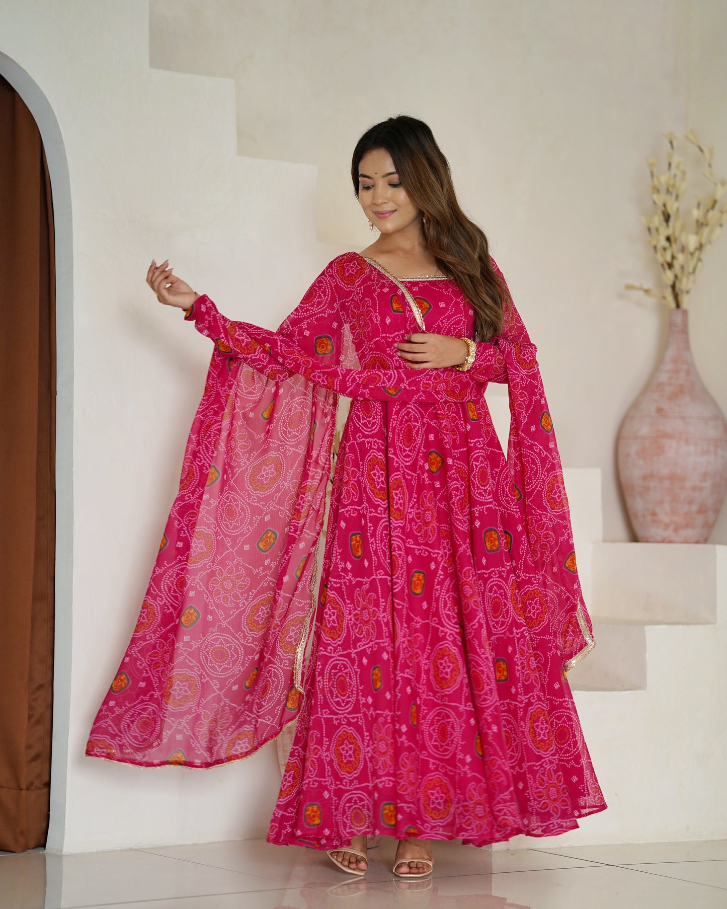 RANI PINK COLOR BANDHEJ PRINT SOFT CHIFFON ANARKALI SUIT SET OF 3