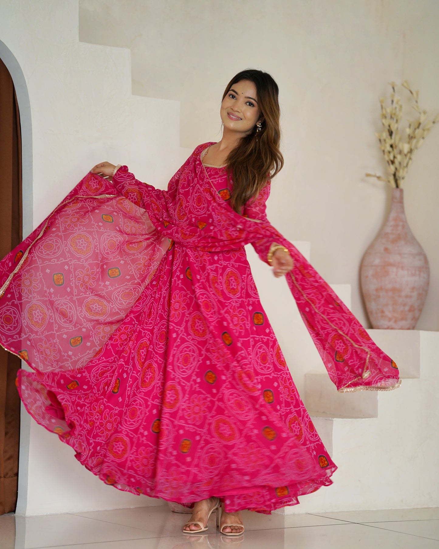 RANI PINK COLOR BANDHEJ PRINT SOFT CHIFFON ANARKALI SUIT SET OF 3